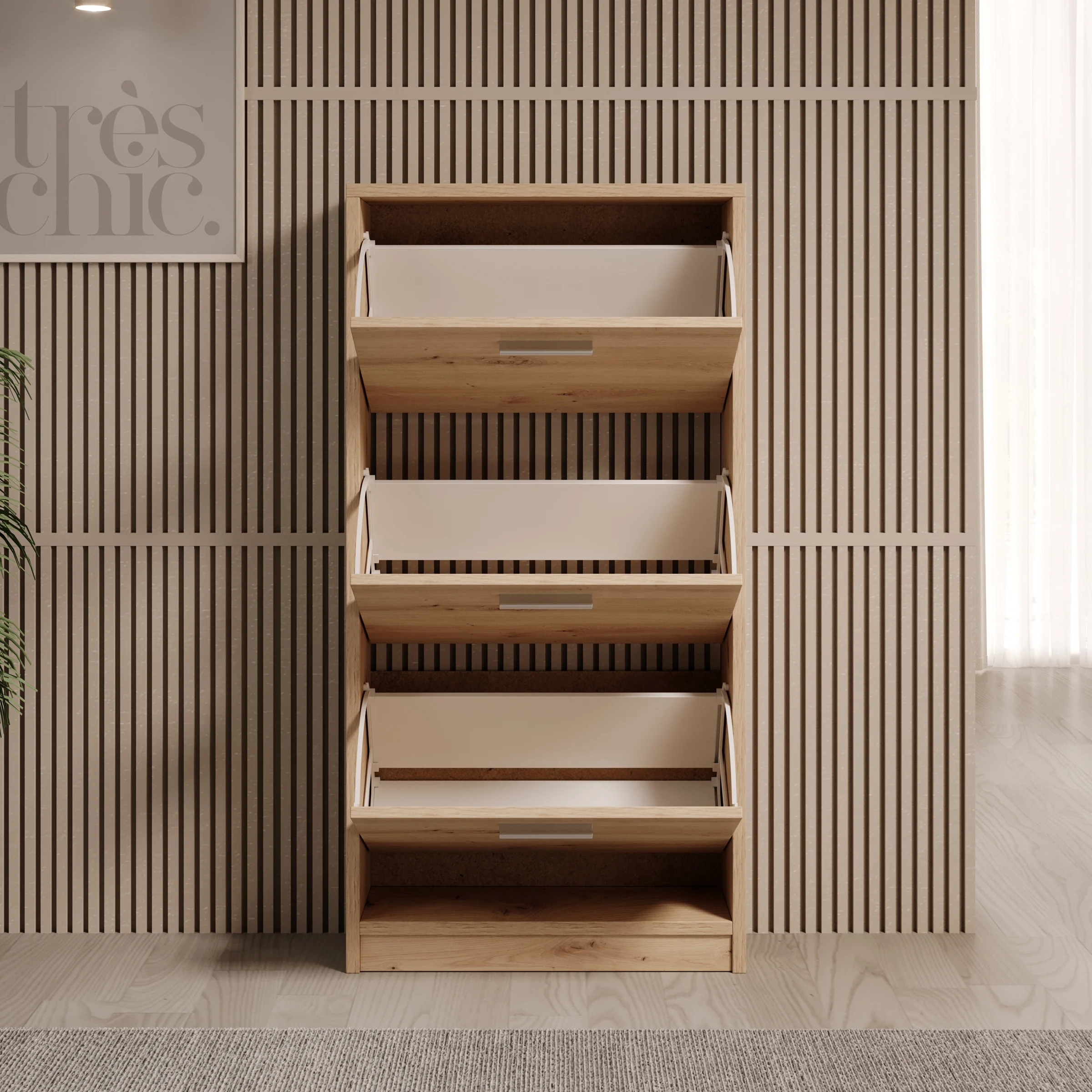 Nivik - Schoenenkast 3 vakken - Eikenpatroon - 58x20x116 cm - Image 2