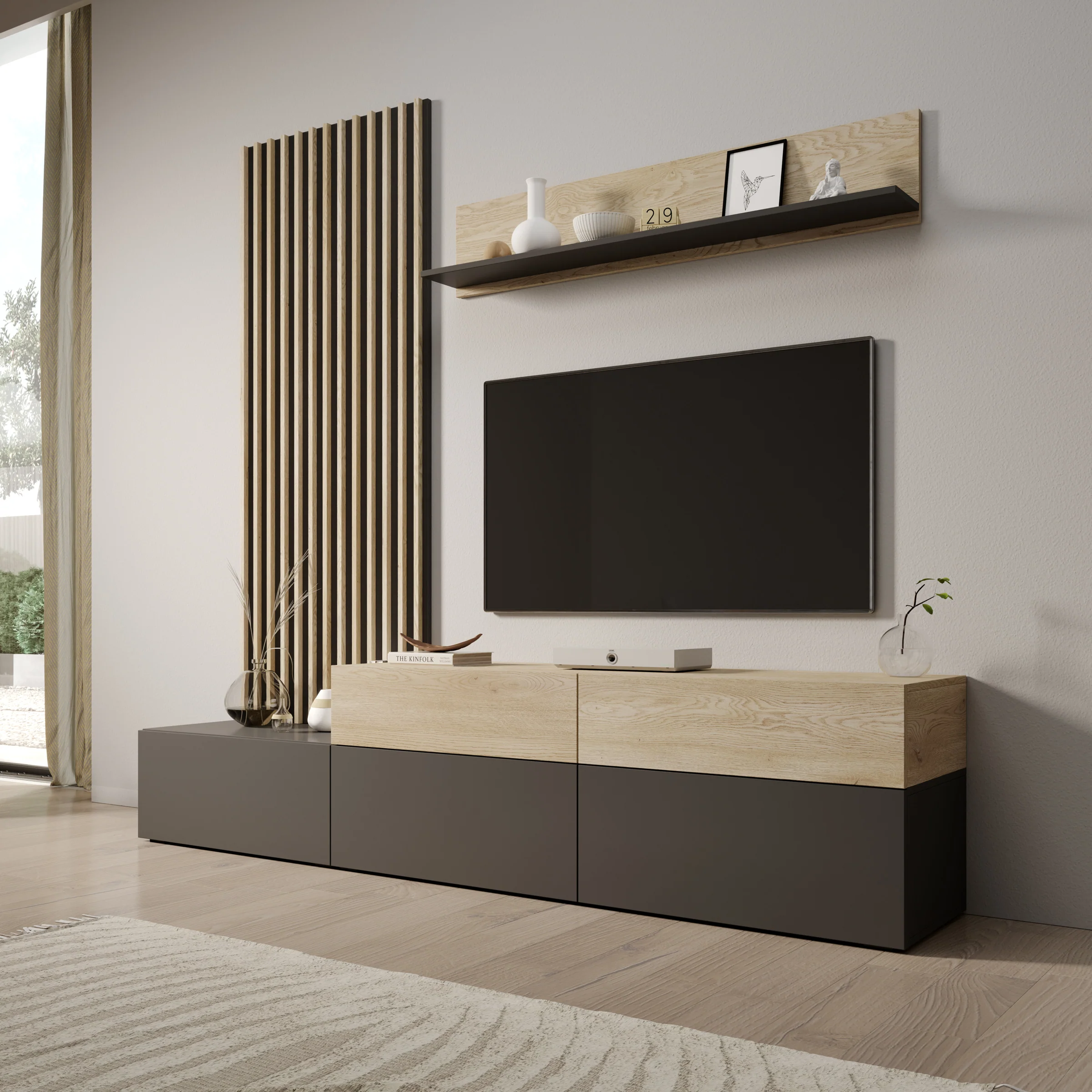 Nobu - Wandmeubel - Grijs/Eikenpatroon - 225x40x209 cm