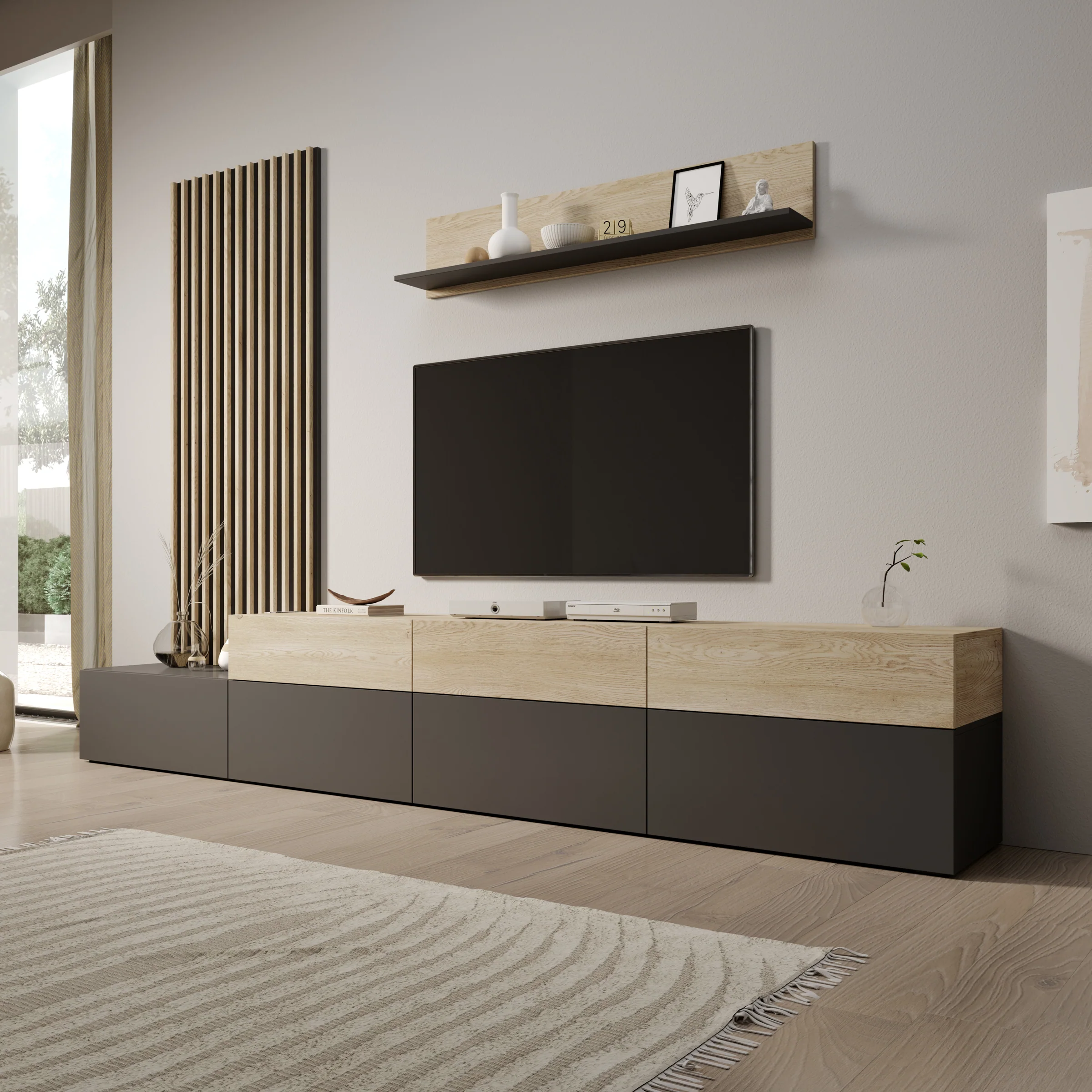 Nobu - Wandmeubel - Grijs/Eikenpatroon - 300x40x209 cm