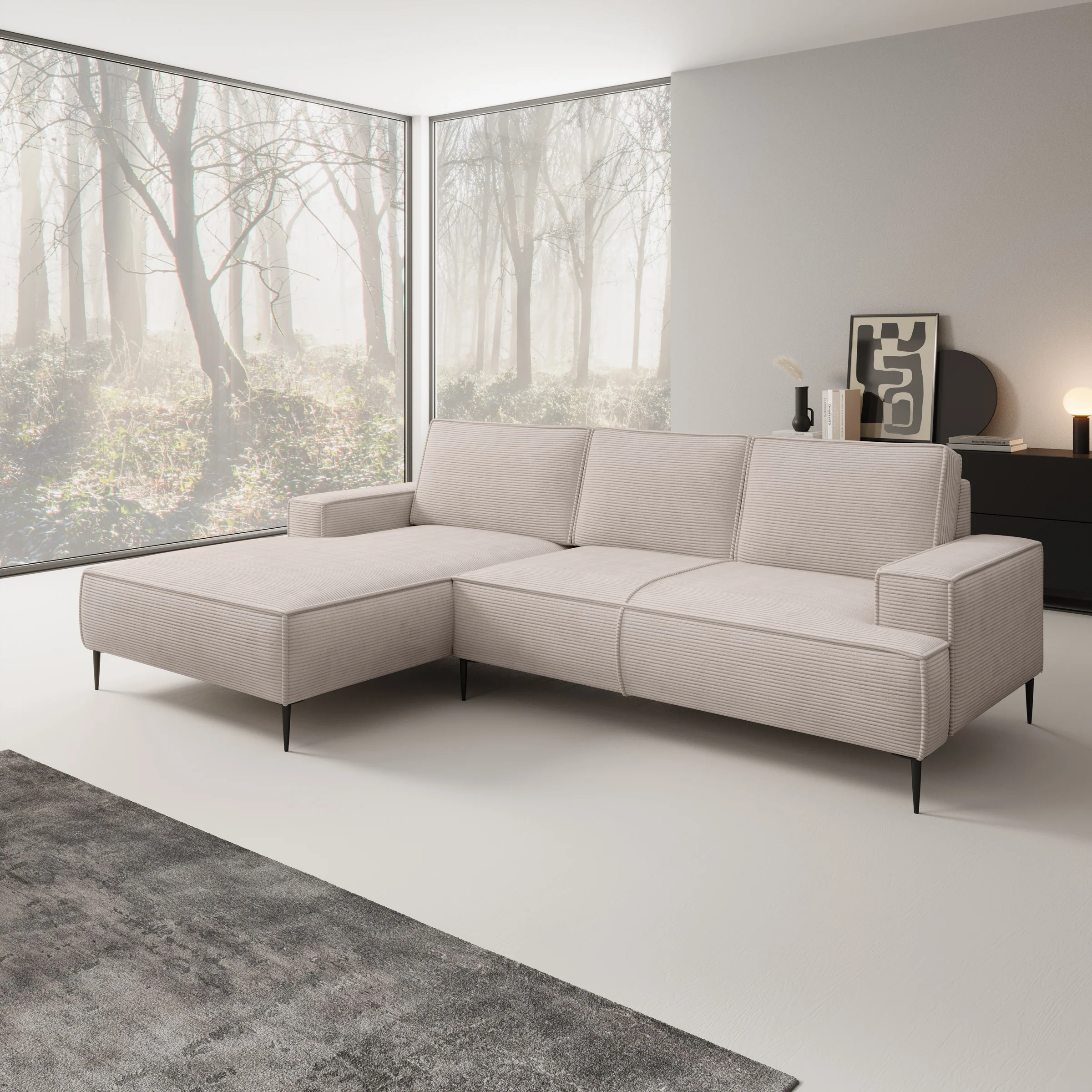 Olympia - Hoekbank 3-zits met chaise longue - Ribstof beige - Links