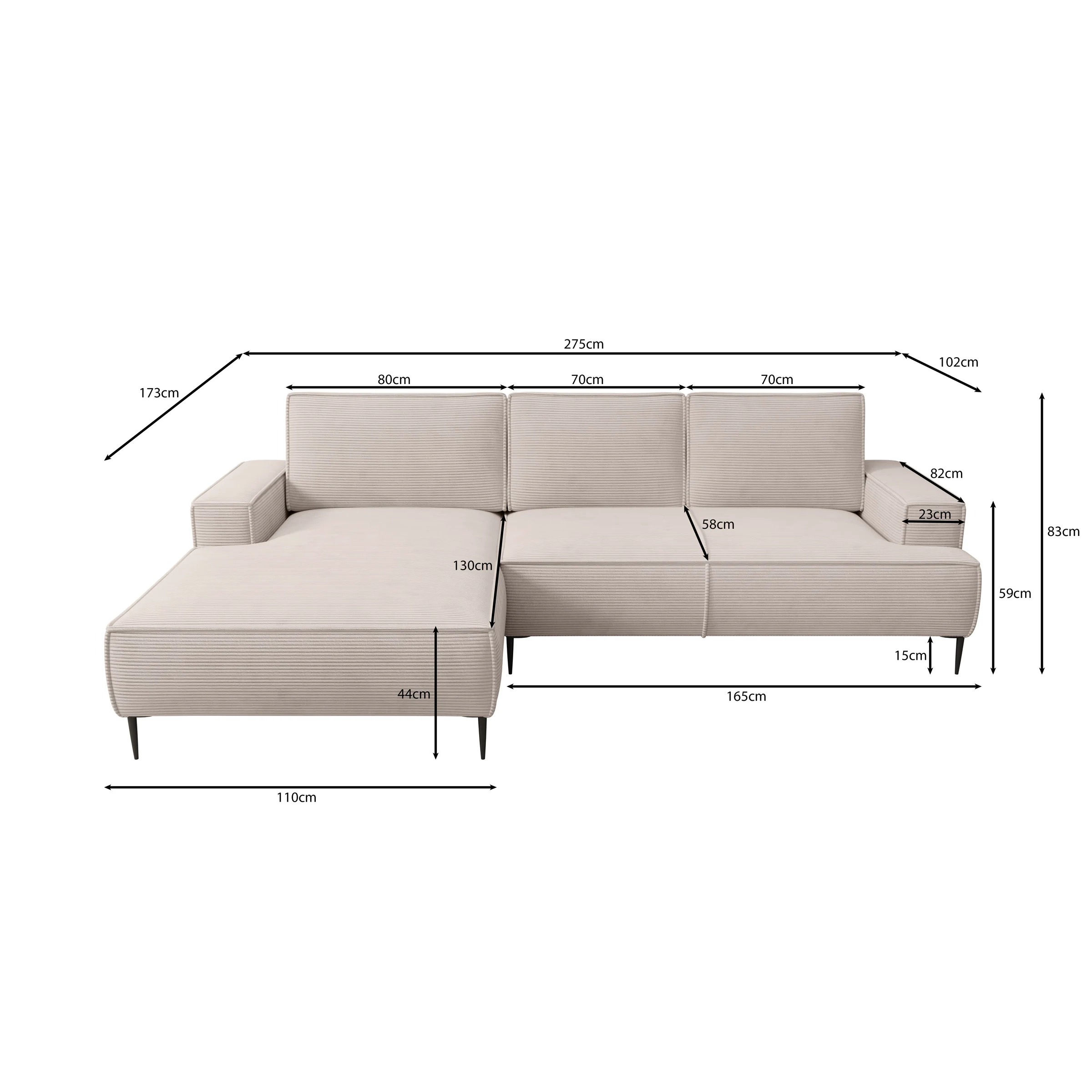 Olympia - Hoekbank 3-zits met chaise longue - Ribstof beige - Links - Image 3