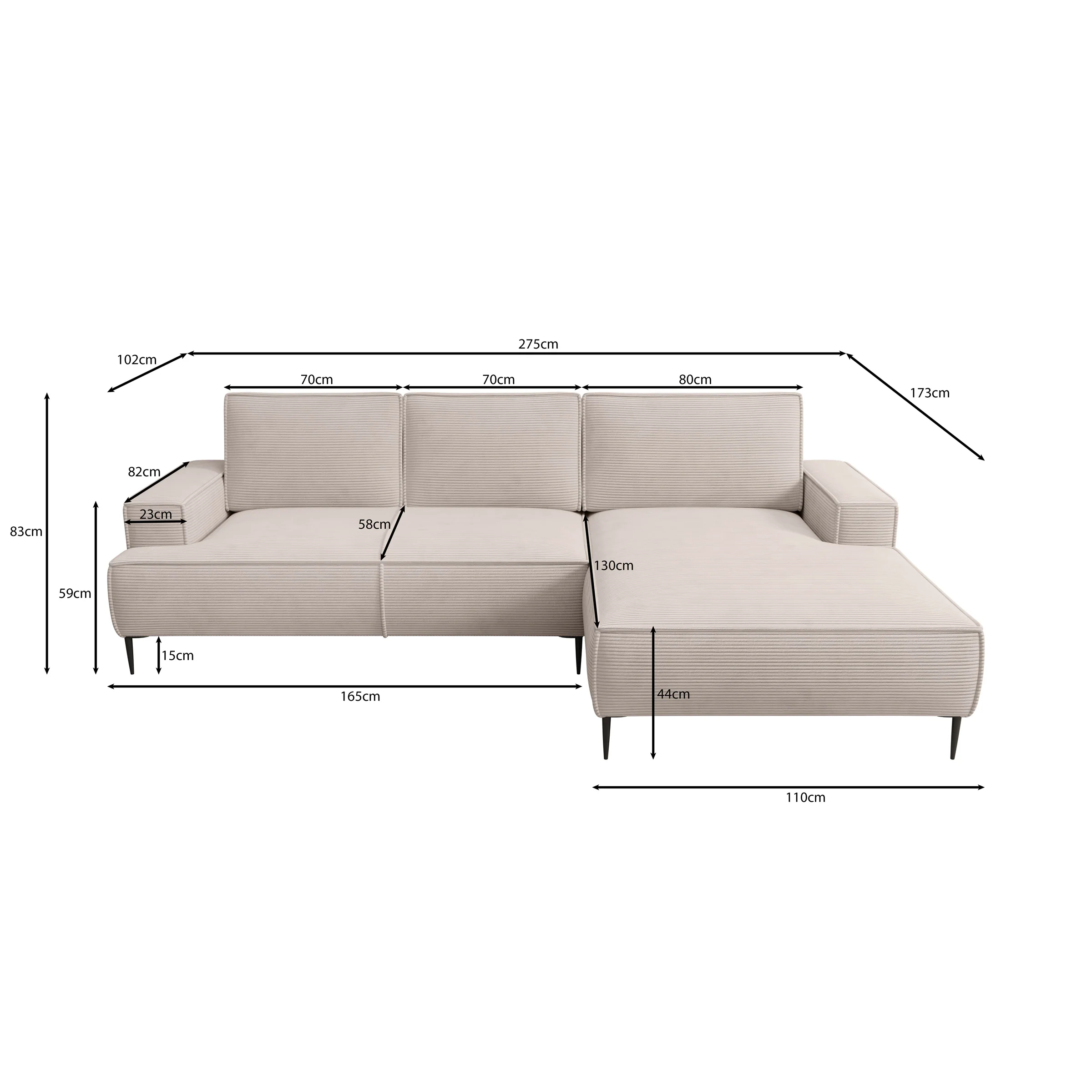 Olympia - Hoekbank 3-zits met chaise longue - Ribstof beige - Rechts - Image 3