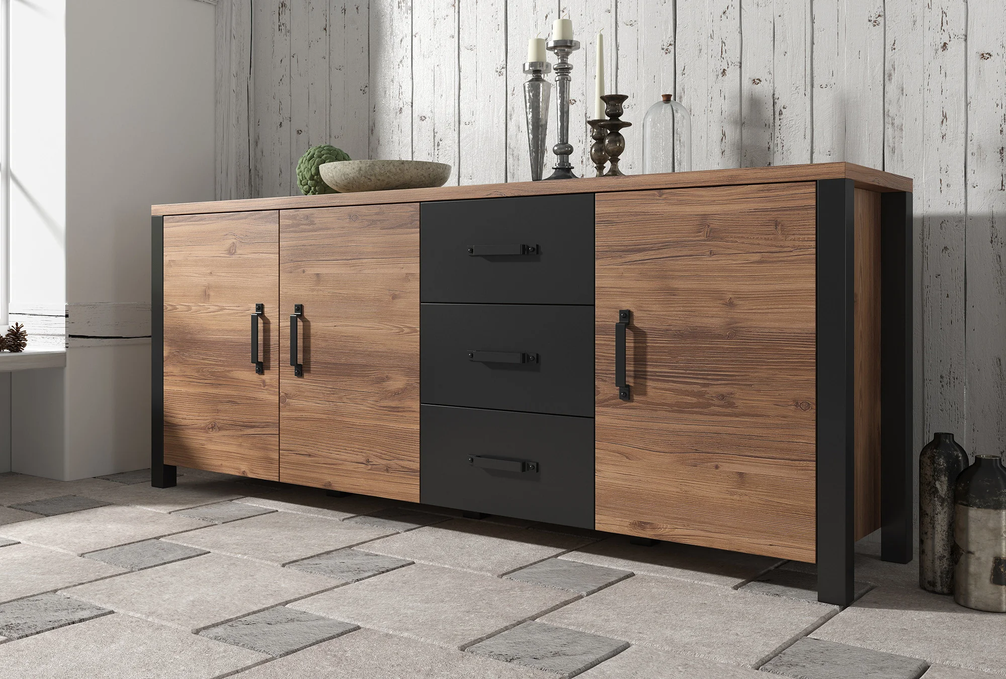 Olivia - Dressoir - Zwart/eiken - 192x43x79 cm