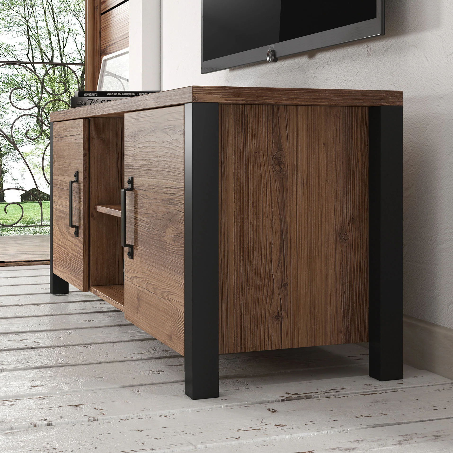 Olivia - TV-Meubel met 2 deuren - Eiken/zwart - 147 cm - Image 4