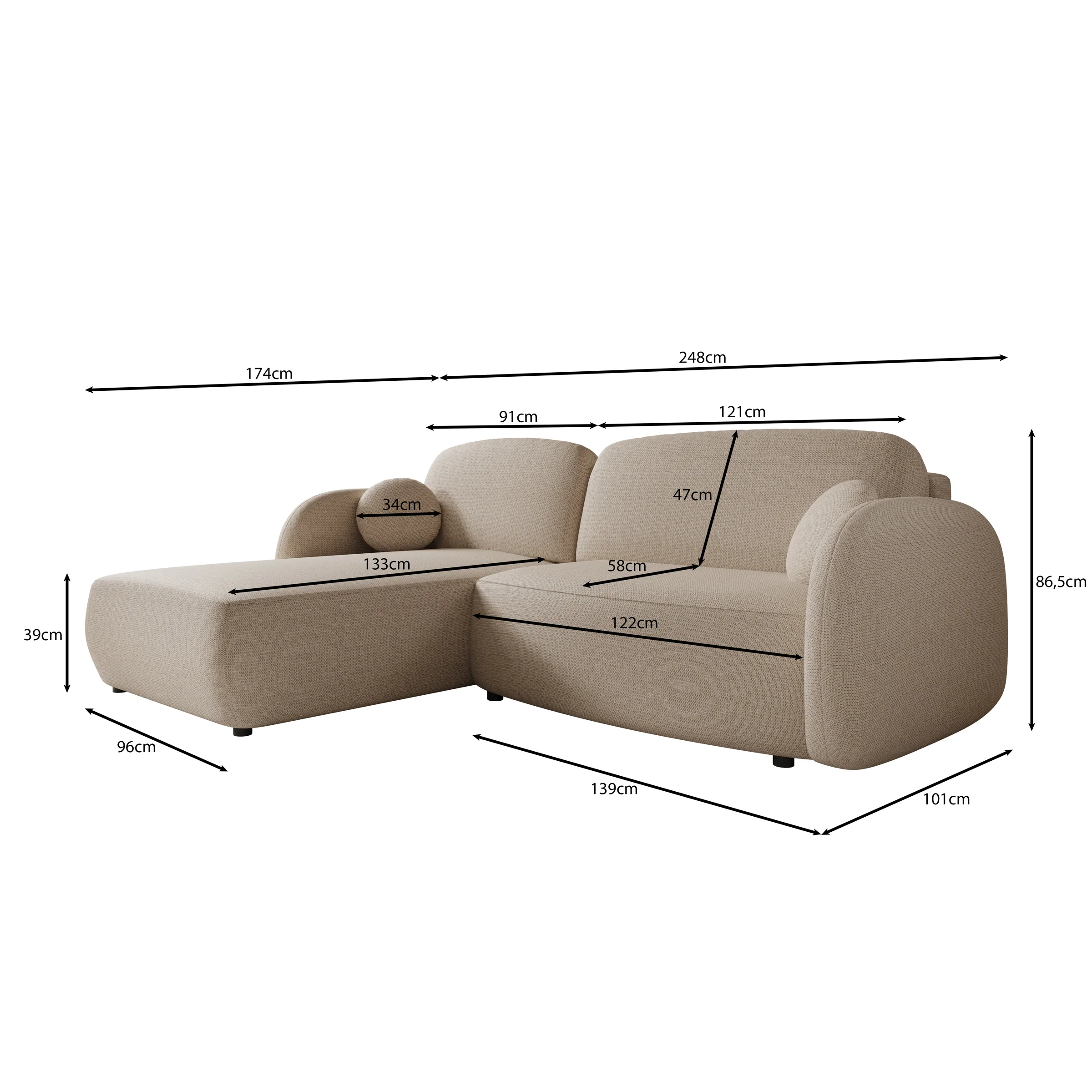 Ometa - Hoekbank 3-zits met slaapfunctie - Stof beige - Image 6