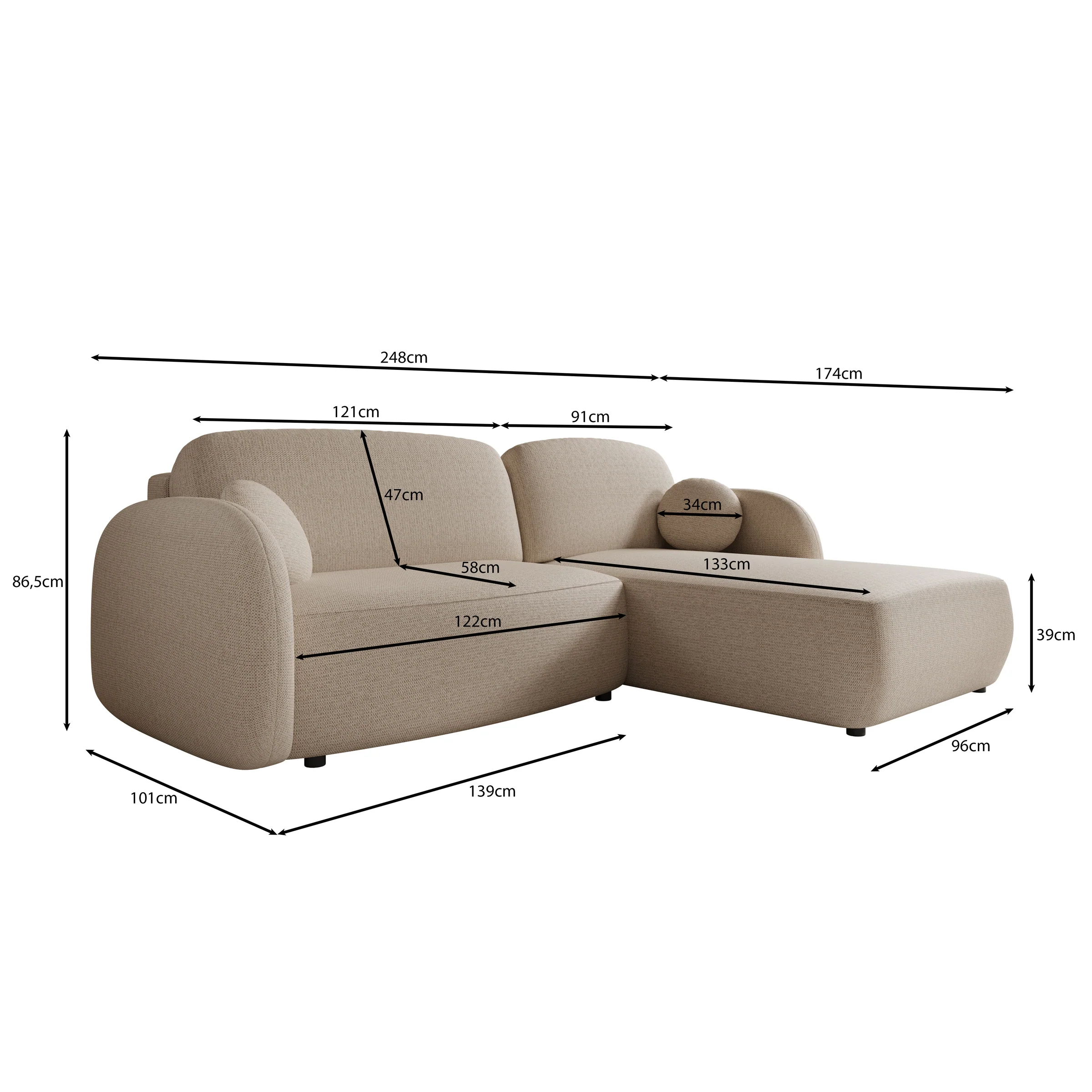 Ometa - Hoekbank 3-zits met slaapfunctie - Teddystof beige - Image 6