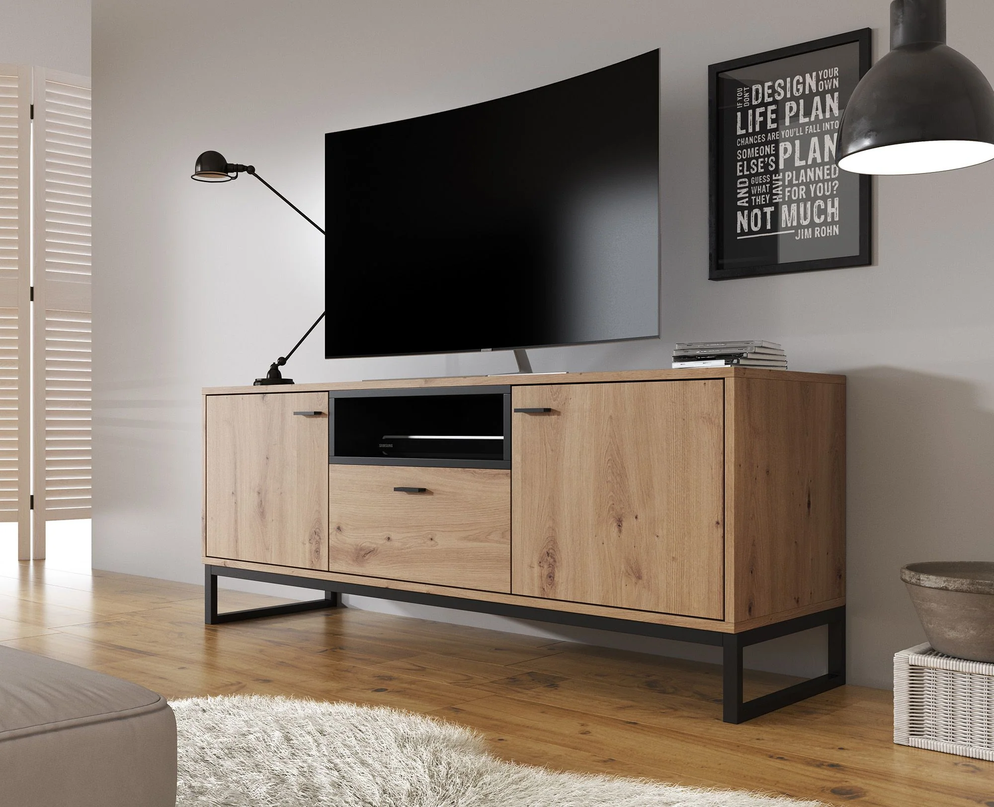 Ozzy - TV-Meubel met 2 deuren - Eiken/zwart - 135x40x55cm