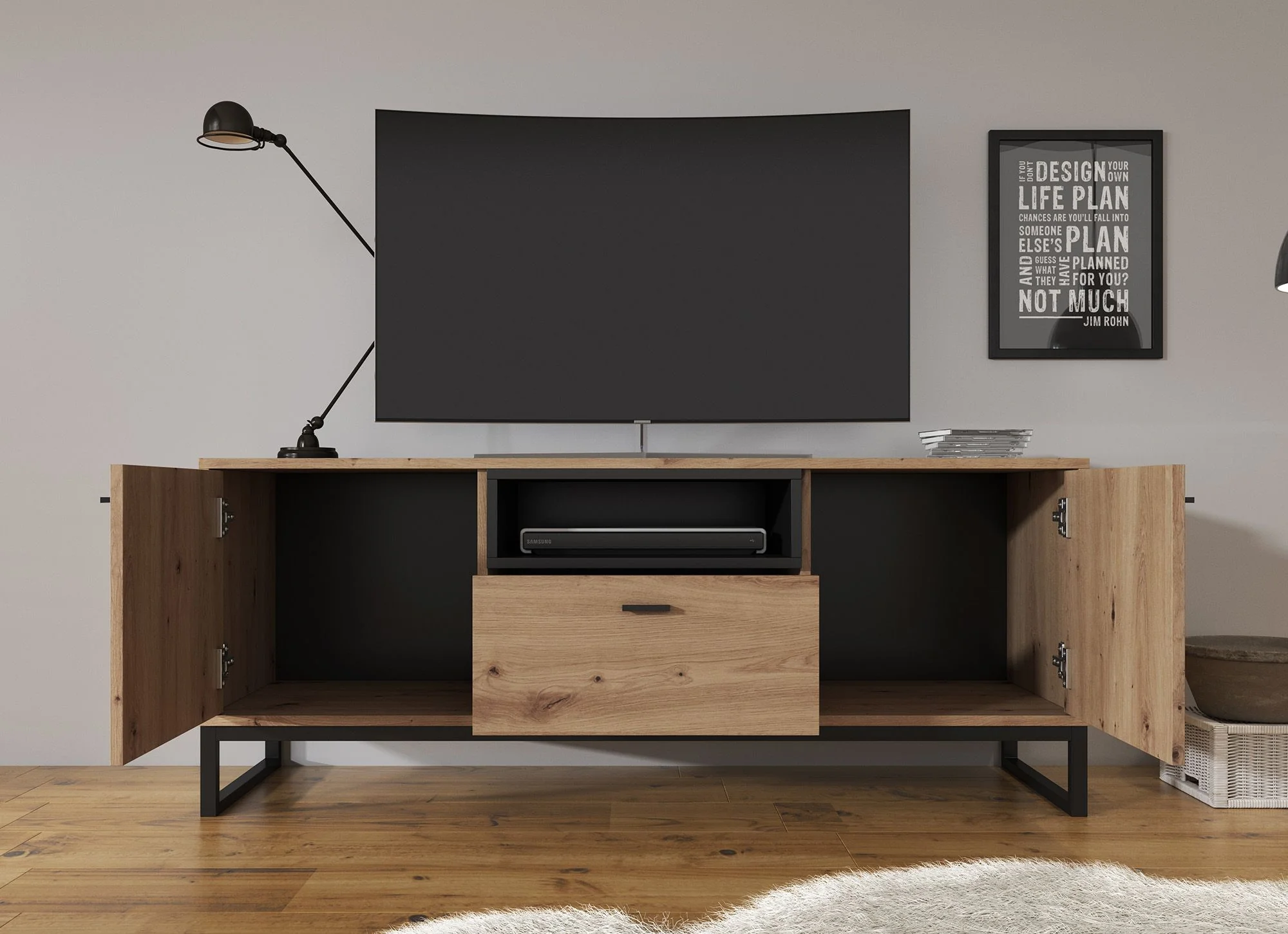 Ozzy - TV-Meubel met 2 deuren - Eiken/zwart - 135x40x55cm - Image 2