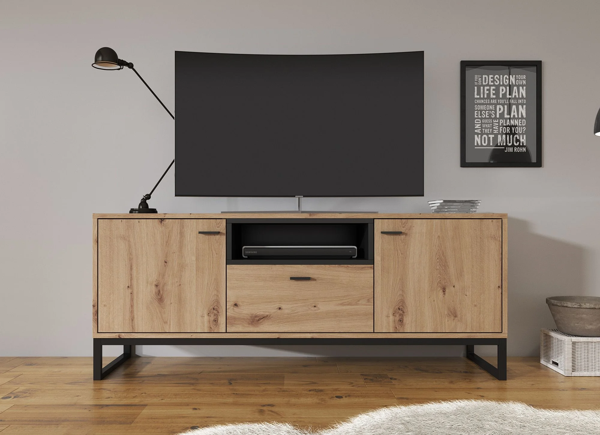 Ozzy - TV-Meubel met 2 deuren - Eiken/zwart - 135x40x55cm - Image 3
