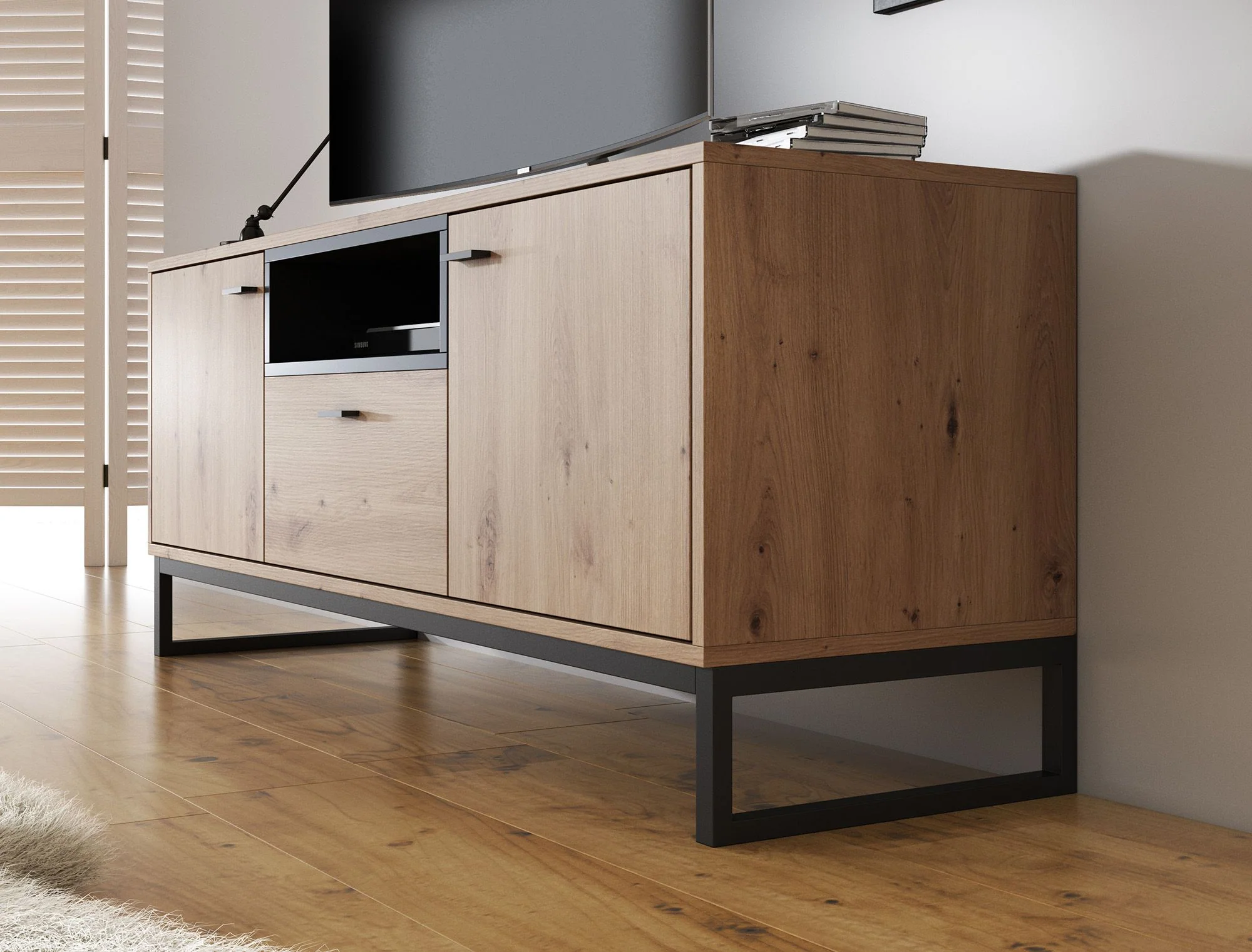 Ozzy - TV-Meubel met 2 deuren - Eiken/zwart - 135x40x55cm - Image 4