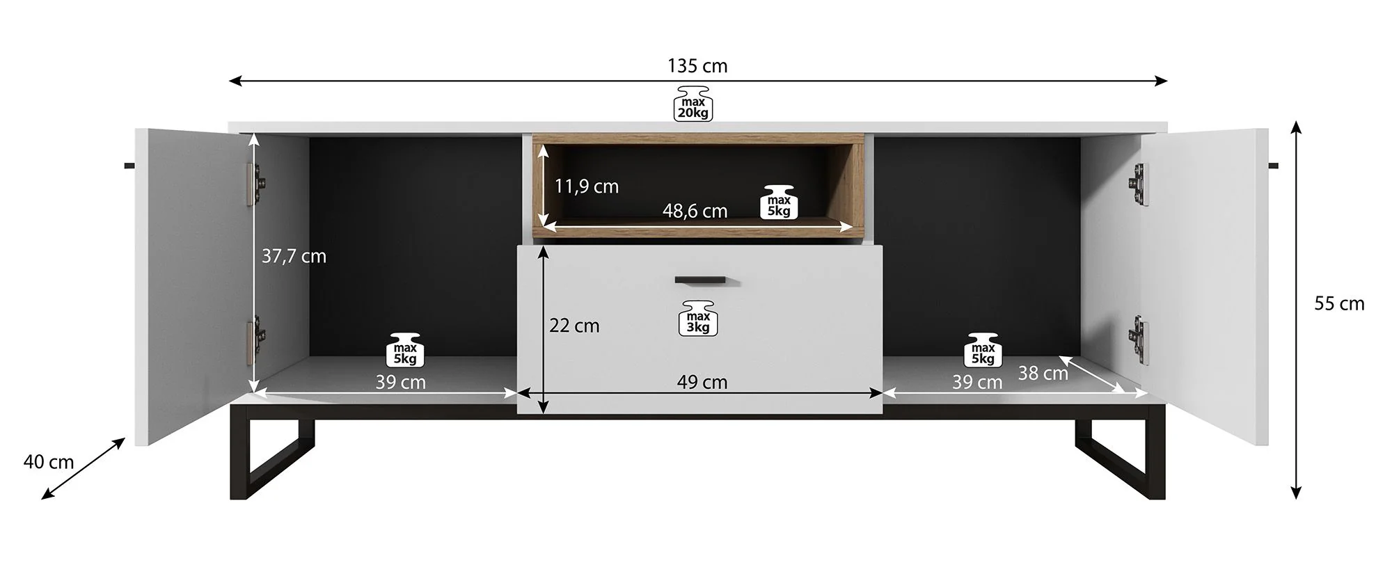 Ozzy - TV-Meubel met 2 deuren - Eiken/zwart - 135x40x55cm - Image 5
