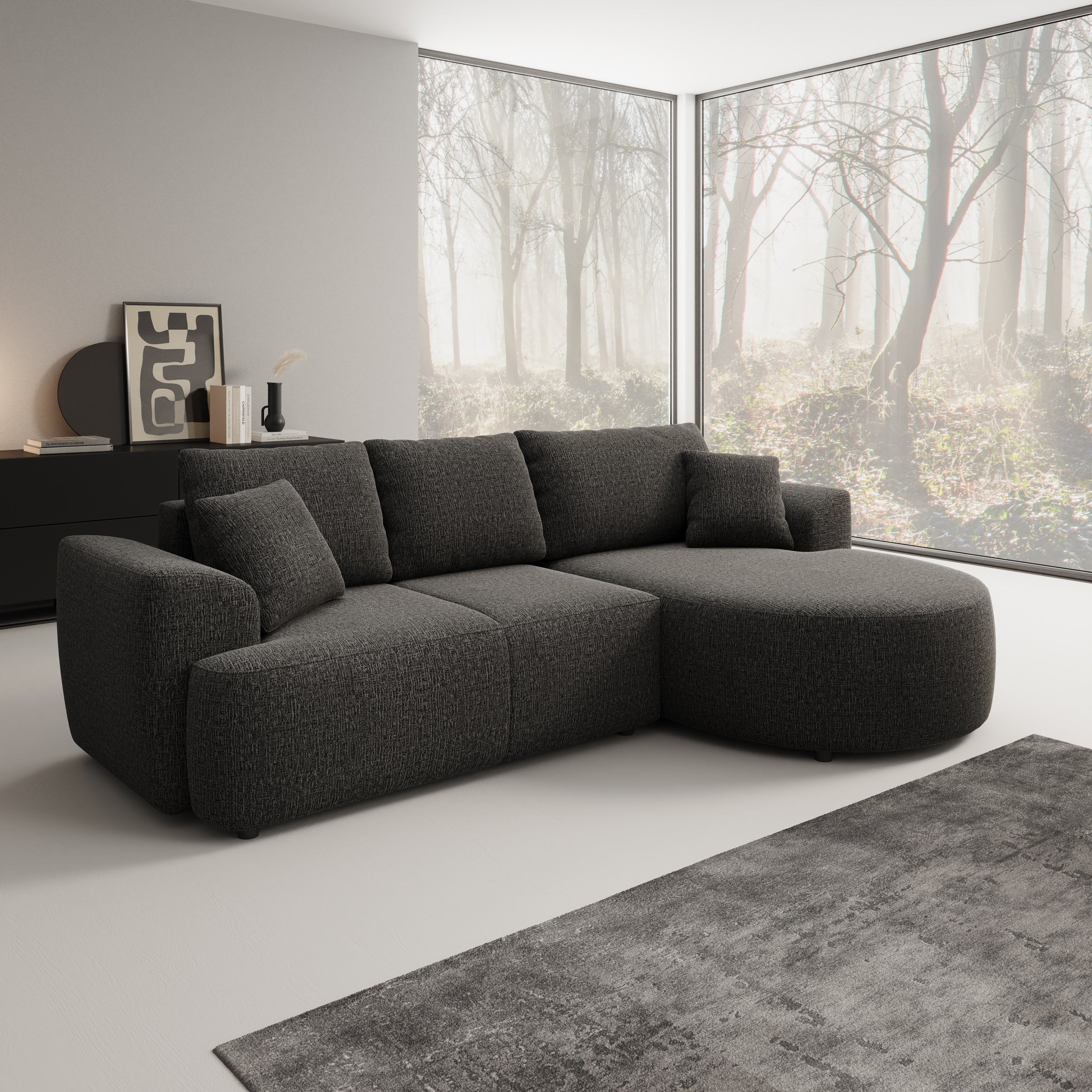 Palladio - Hoekbank 3-zits met chaise longue - Stof zwart - Rechts