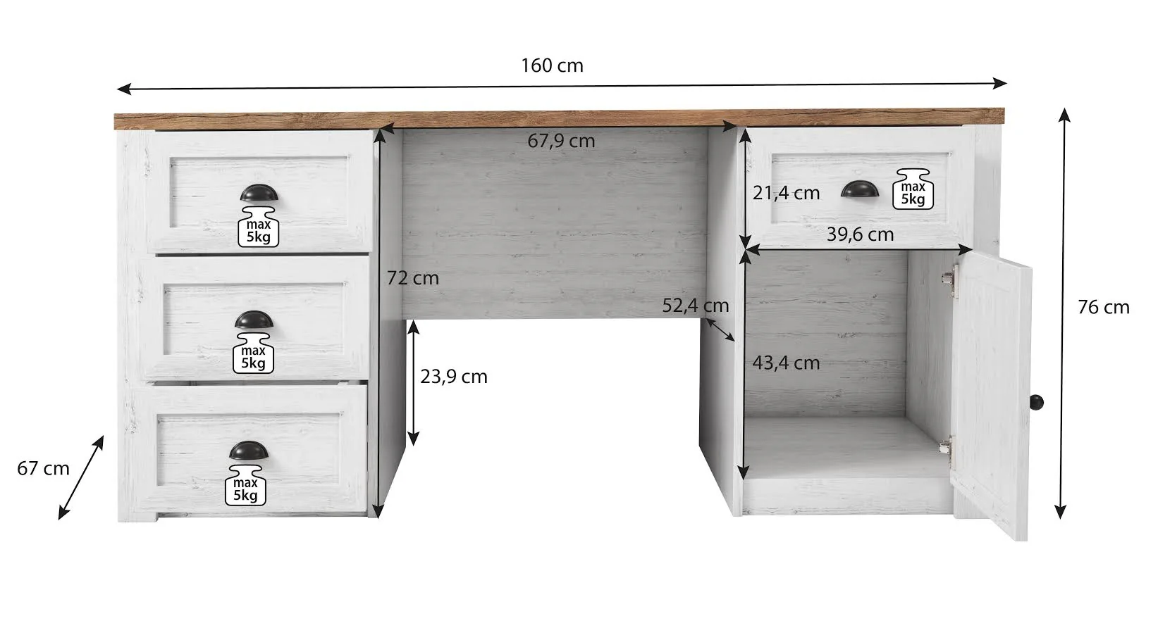Parello - Bureau - Wit/eiken - 160x67 cm - Image 4
