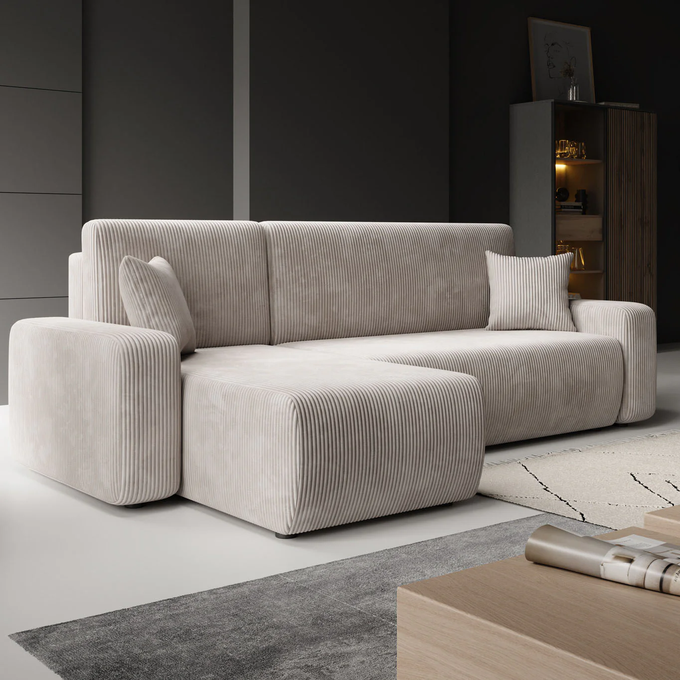 Prudence - Hoekbank 3-zits met chaise longue - Ribstof beige - Universeel - Image 3