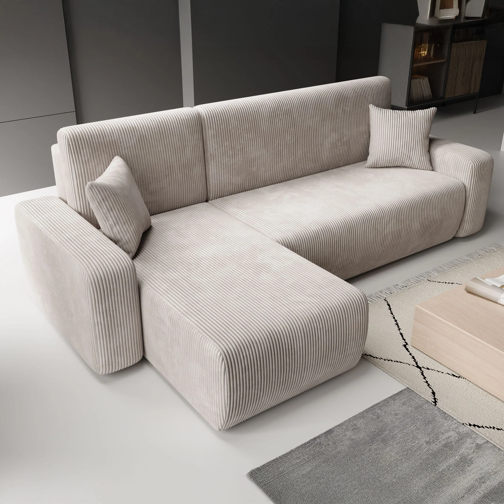 Prudence - Hoekbank 3-zits met chaise longue - Ribstof beige - Universeel - Image 4