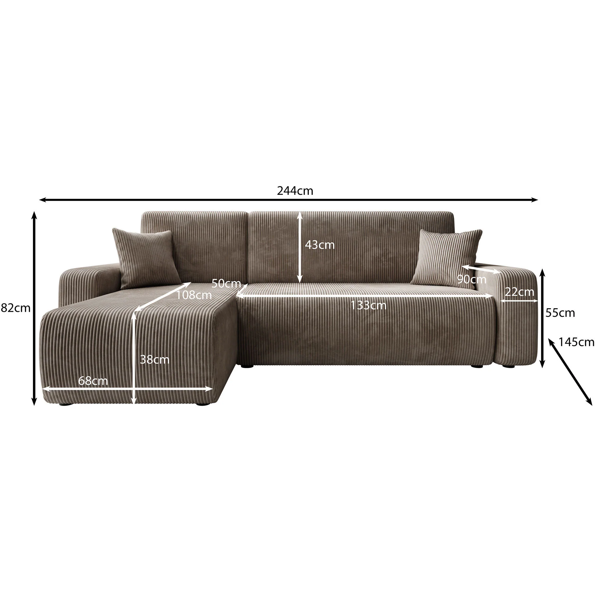 Prudence - Hoekbank 3-zits met chaise longue - Ribstof beige - Universeel - Image 6