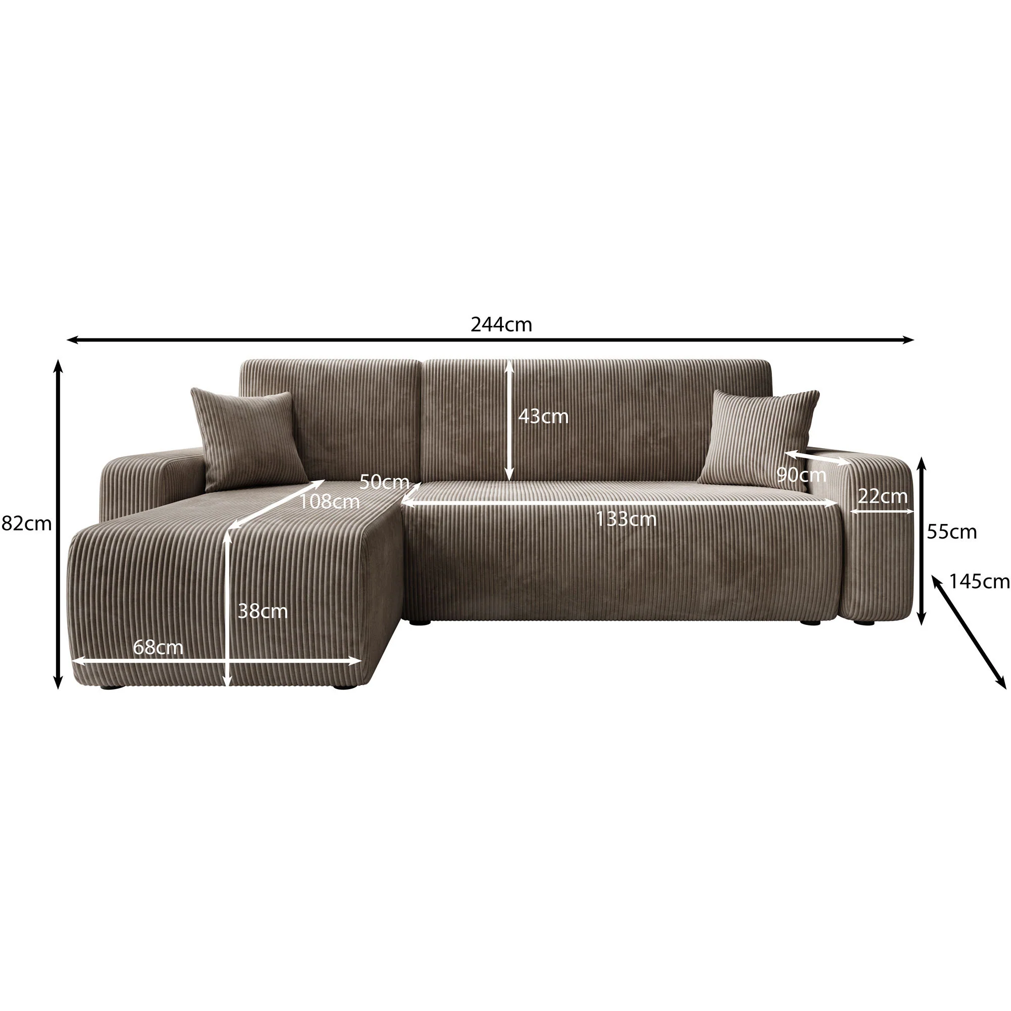 Prudence - Hoekbank 3-zits met chaise longue - Ribstof bruin - Universeel - Image 6