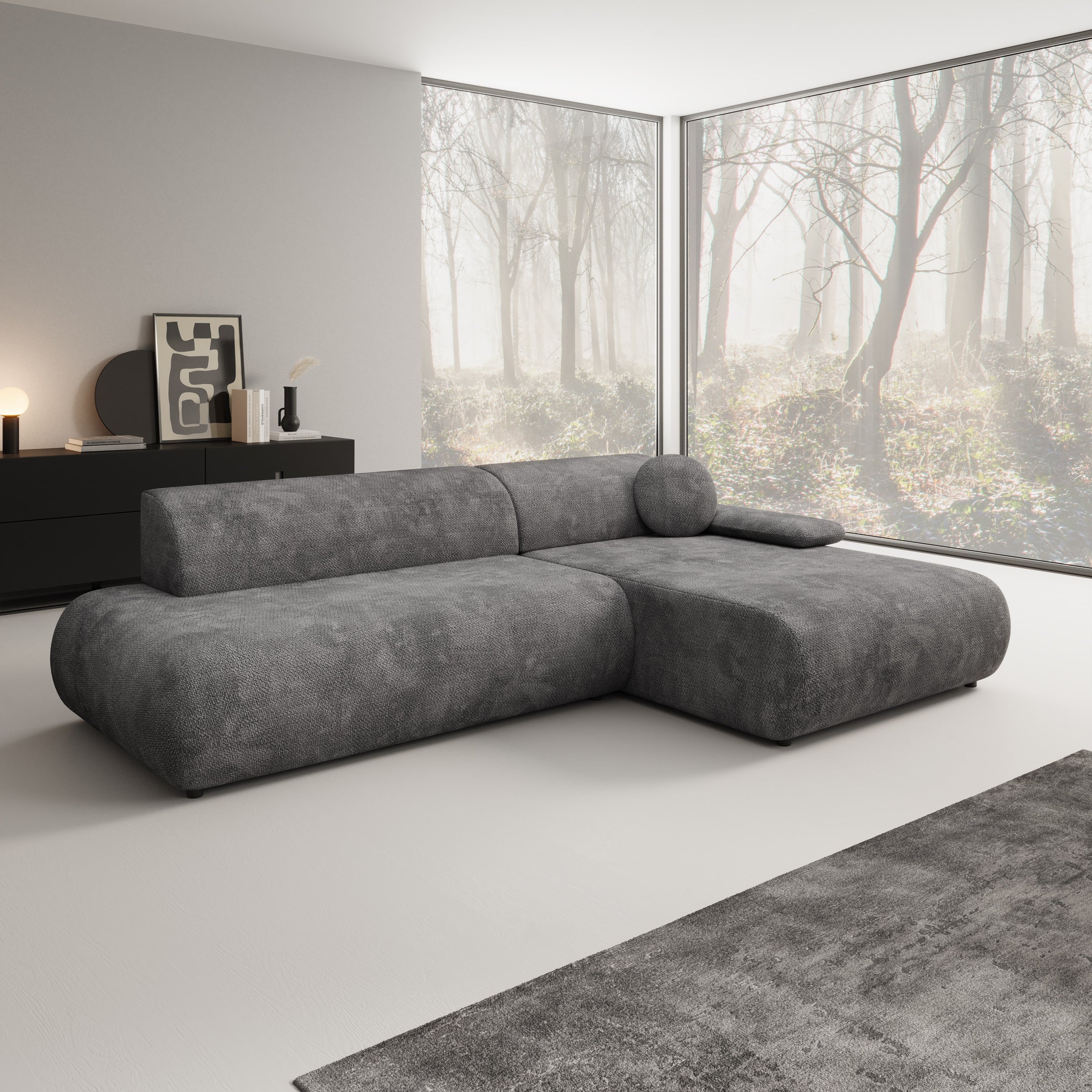 Pucet - Hoekbank 3-zits met slaapfunctie - Stof donkergrijs - Rechts - 286x174x74 cm