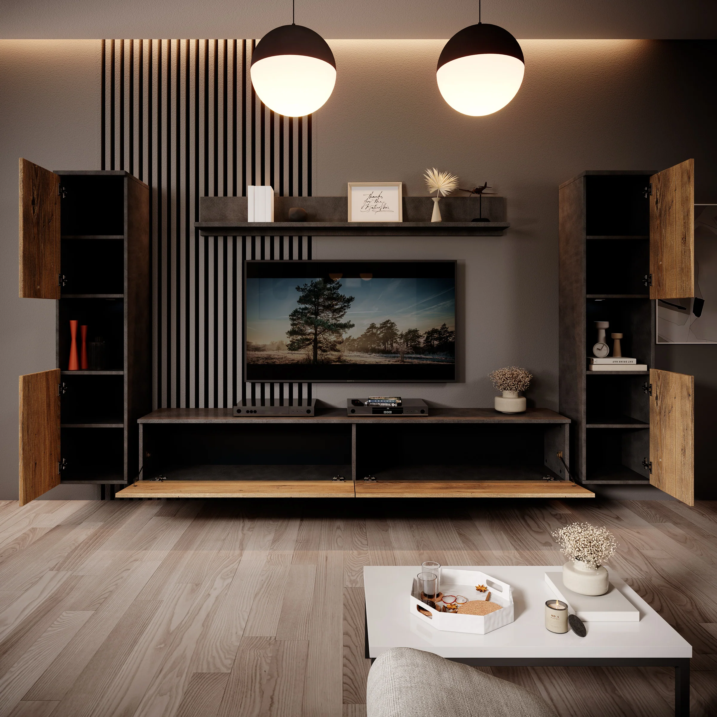 Pure XL - Wandmeubel - Eiken/Grijs - 180x33x130 cm - Image 2