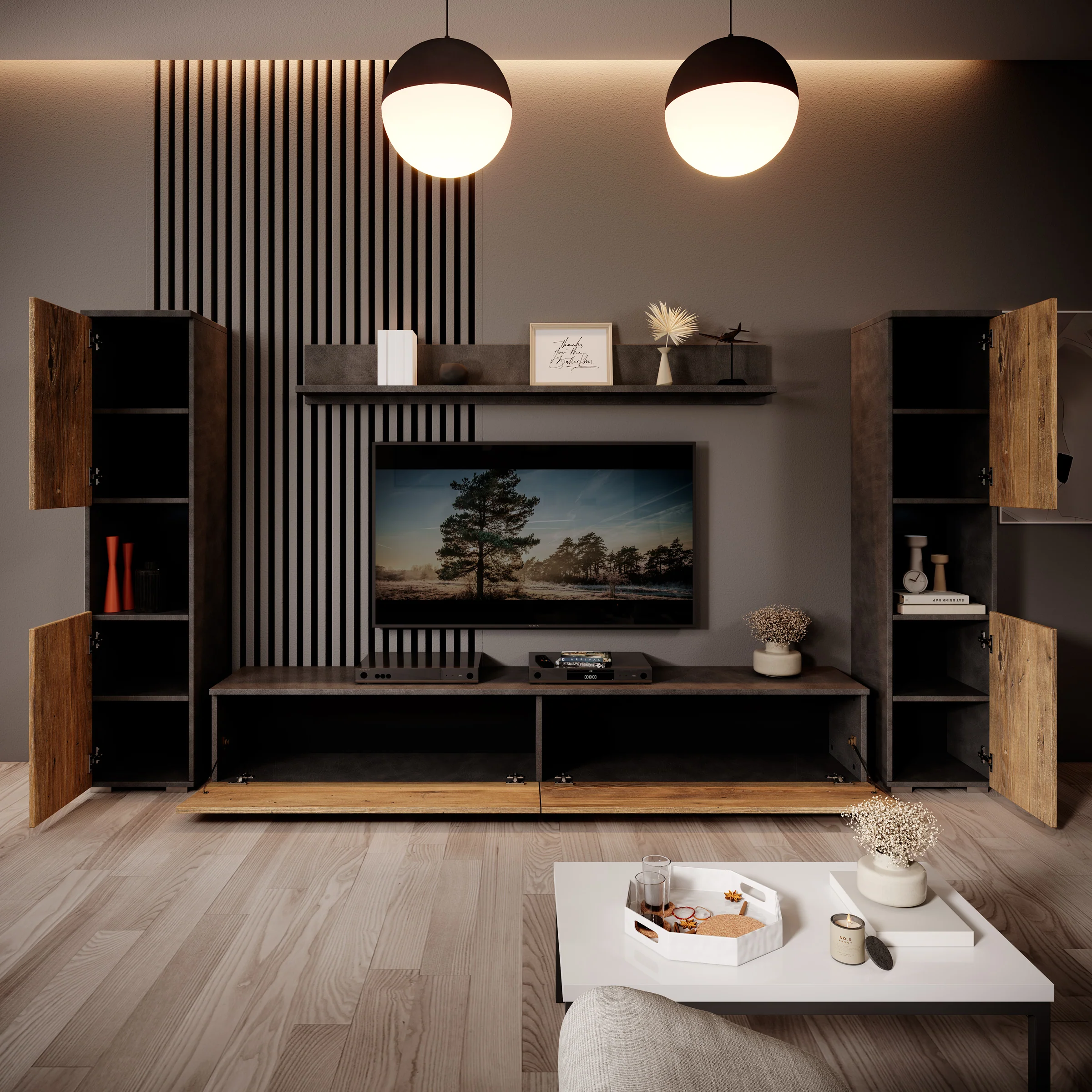 Pure XL - Wandmeubel - Eiken/Grijs - 180x33x130 cm - Image 4