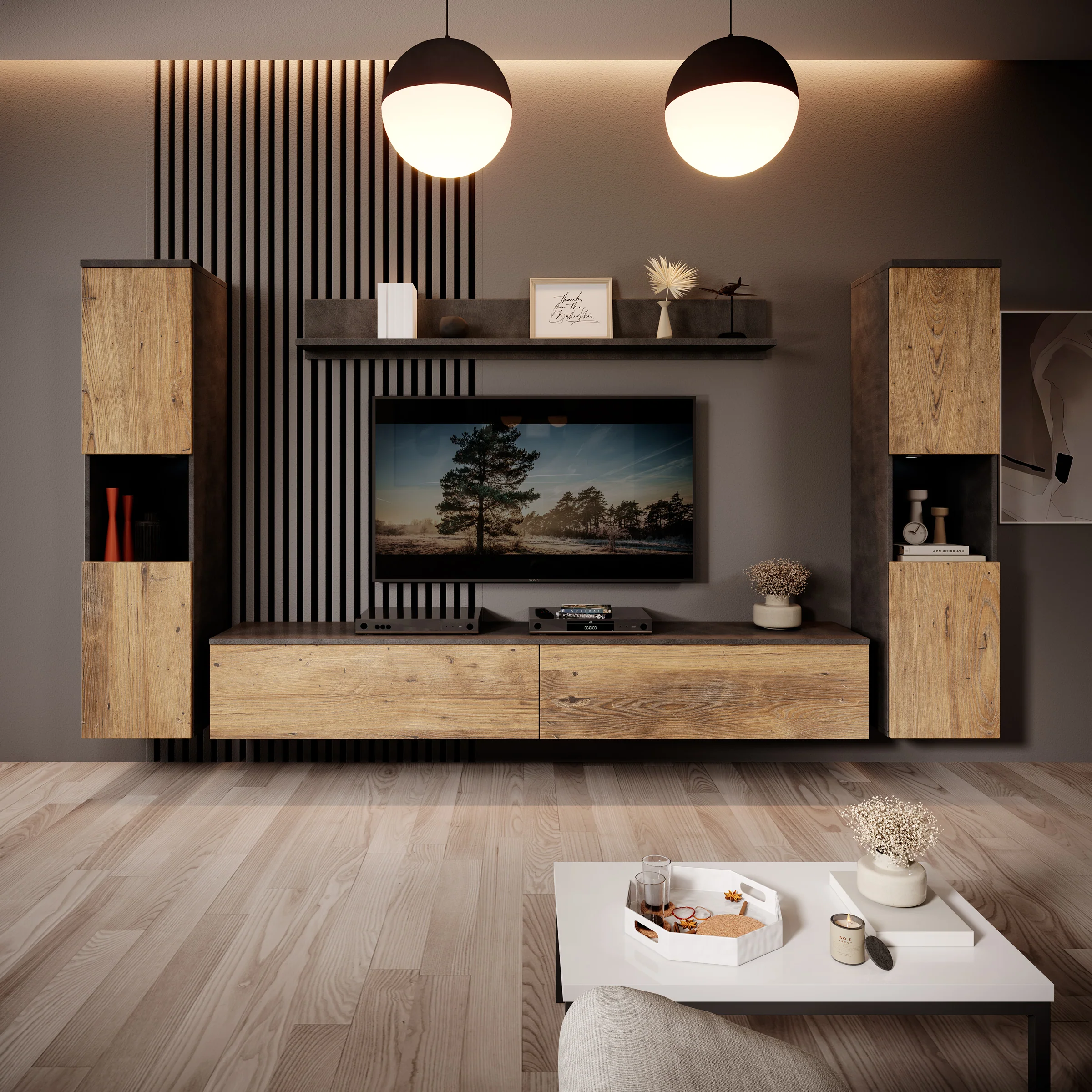 Pure XL - Wandmeubel - Eiken/Grijs - 180x33x130 cm - Image 5