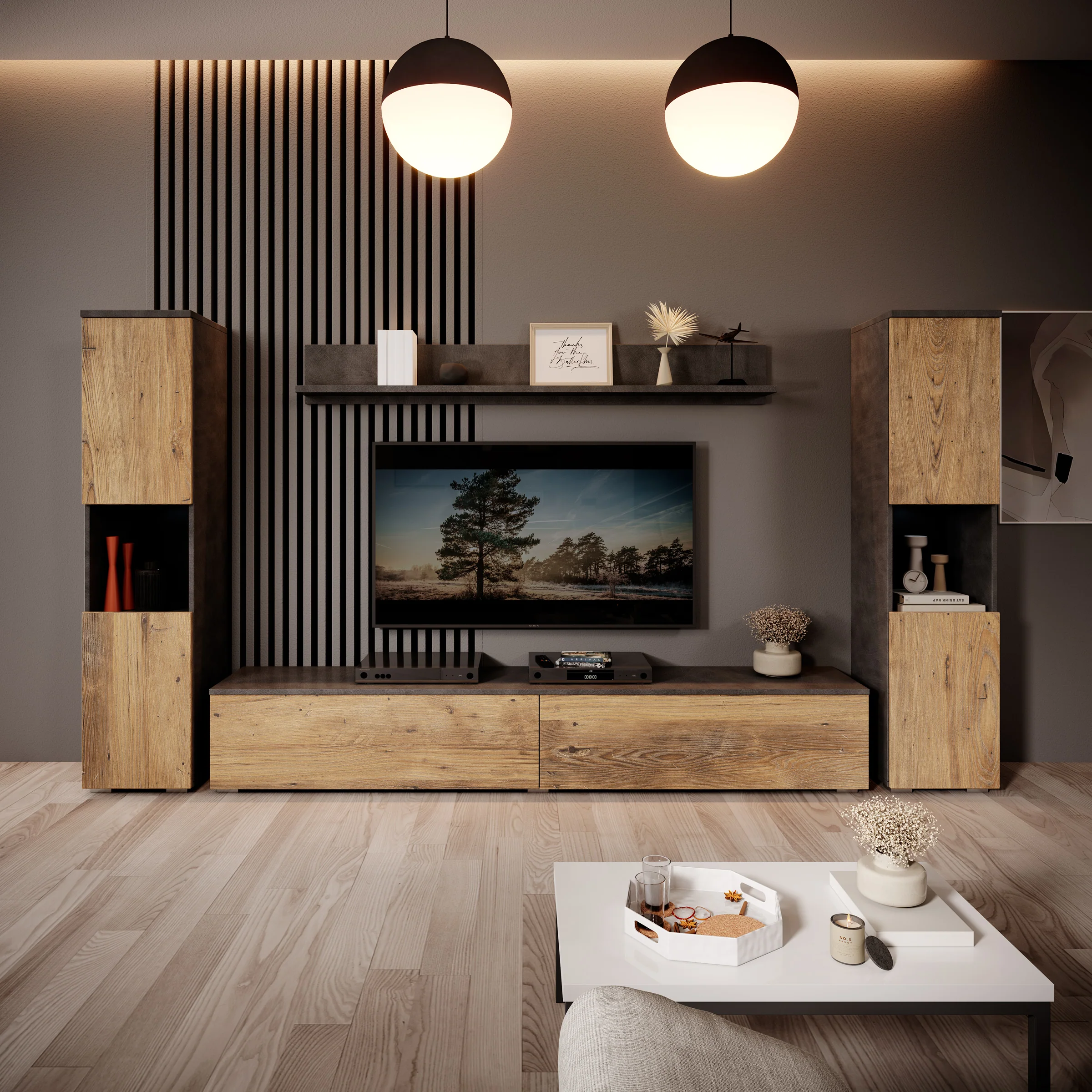 Pure XL - Wandmeubel - Eiken/Grijs - 180x33x130 cm - Image 6