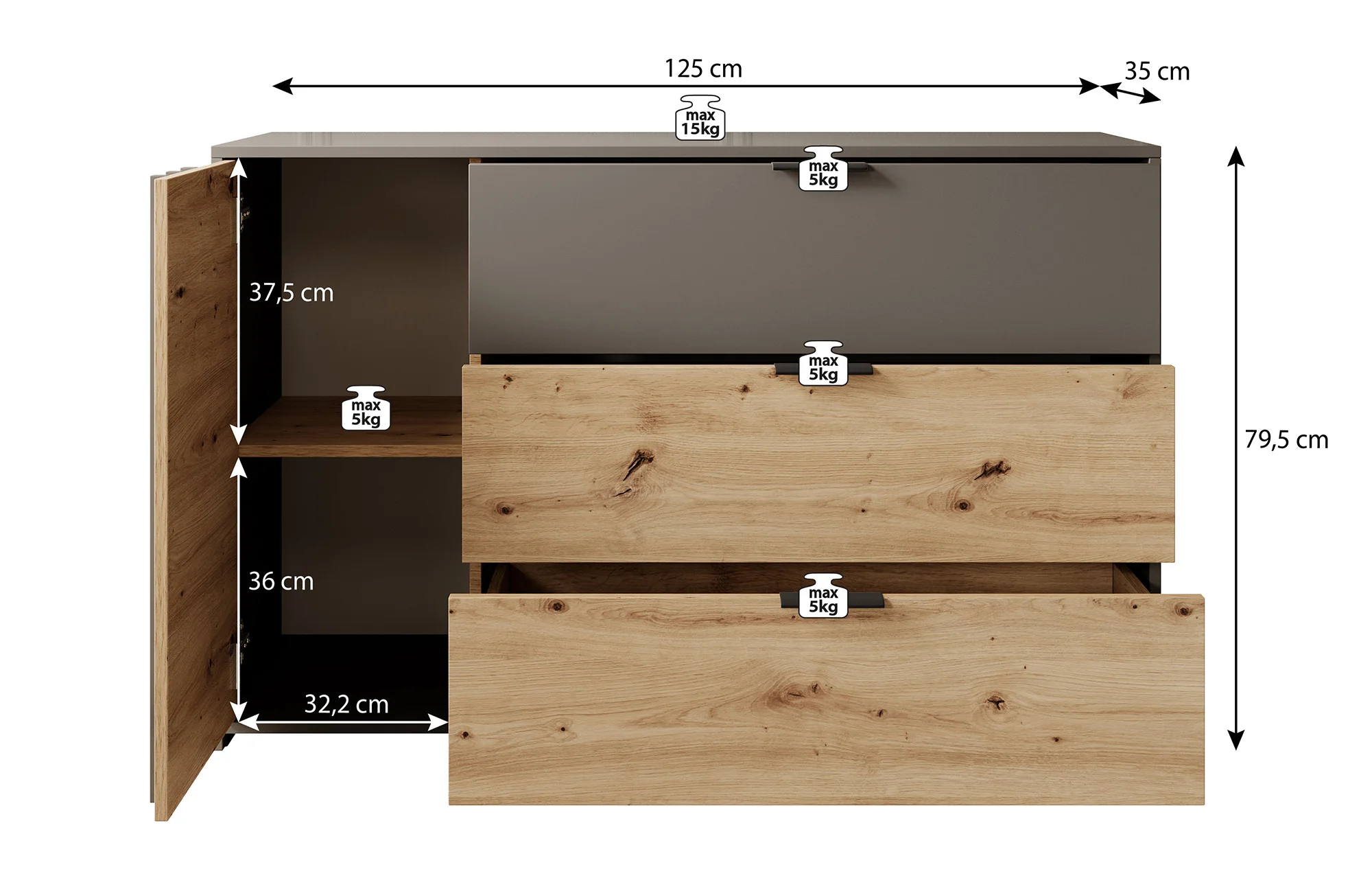 Roma - Dressoir - Grijs/eiken - 125x35x80 cm - Image 5