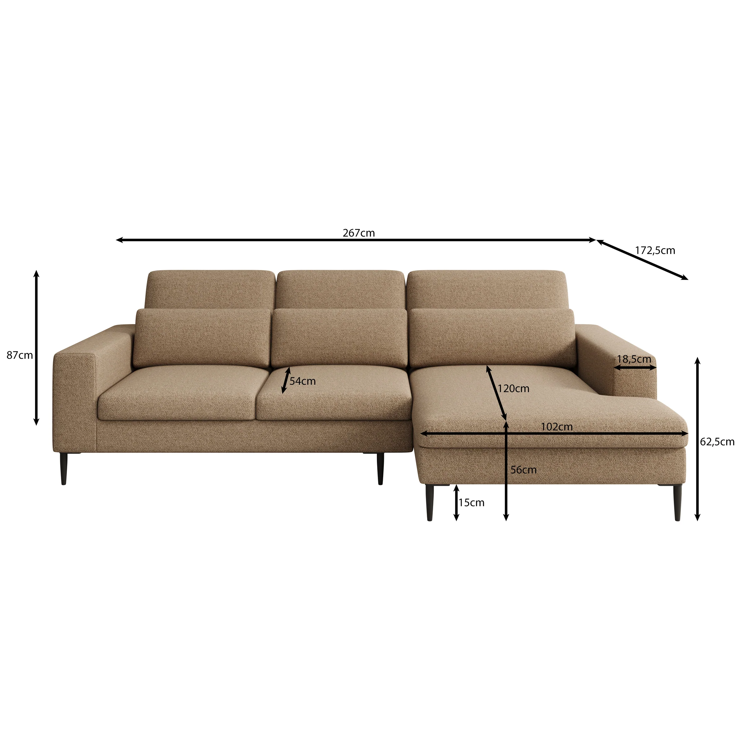 Rosano - Hoekbank 3-zits met chaise longue - Stof beige - Rechts - Image 4