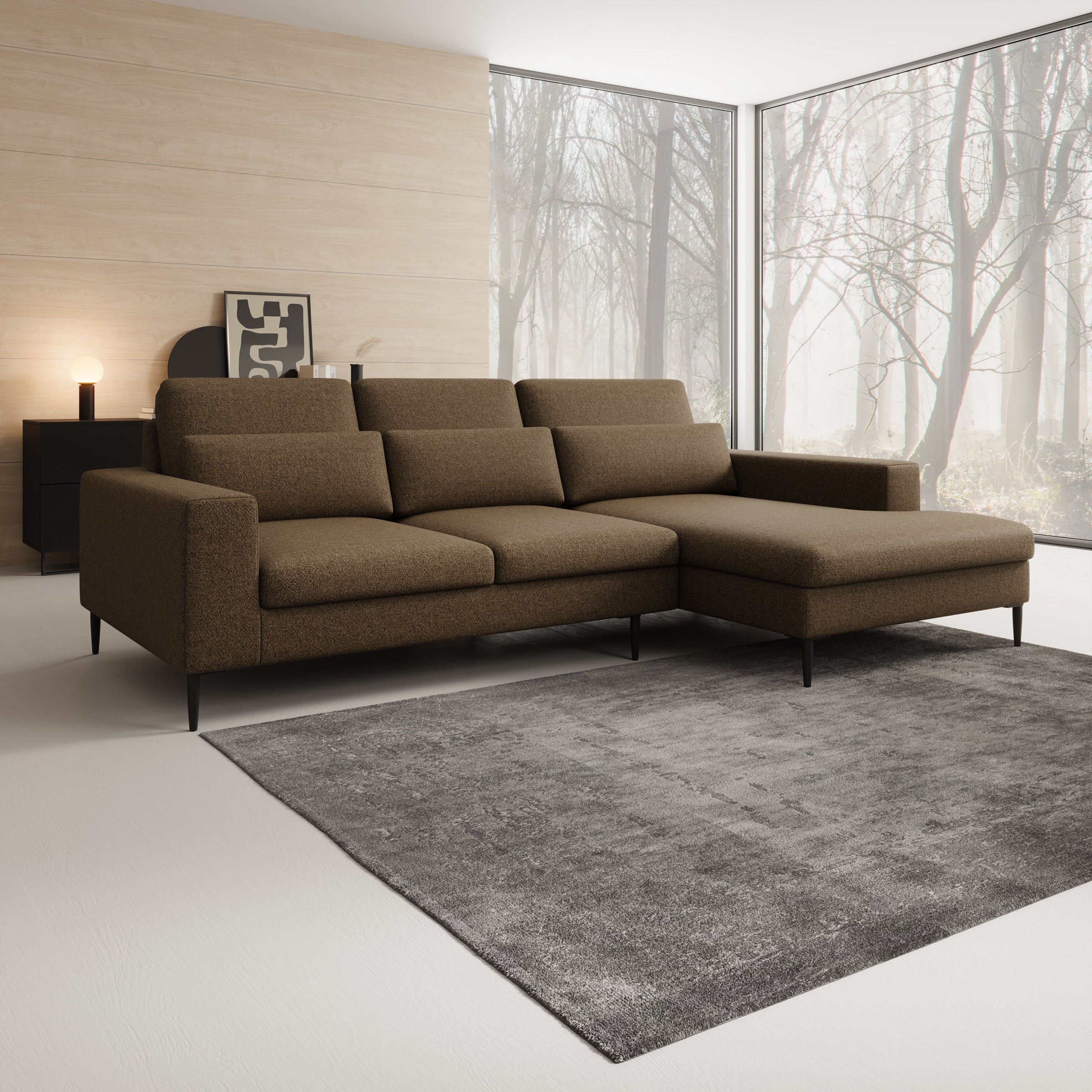 Rosano - Hoekbank 3-zits met chaise longue - Stof bruin - Rechts