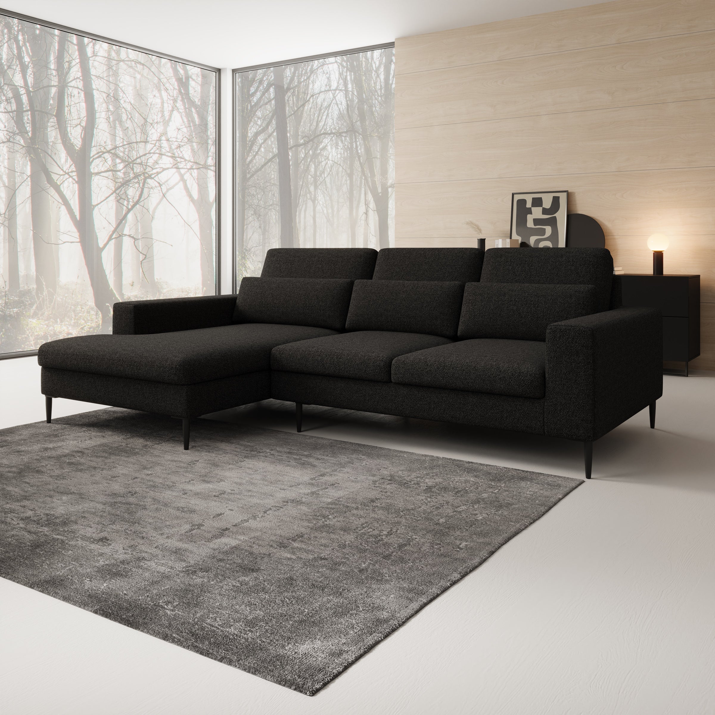Rosano - Hoekbank 3-zits met chaise longue - Stof zwart - Links
