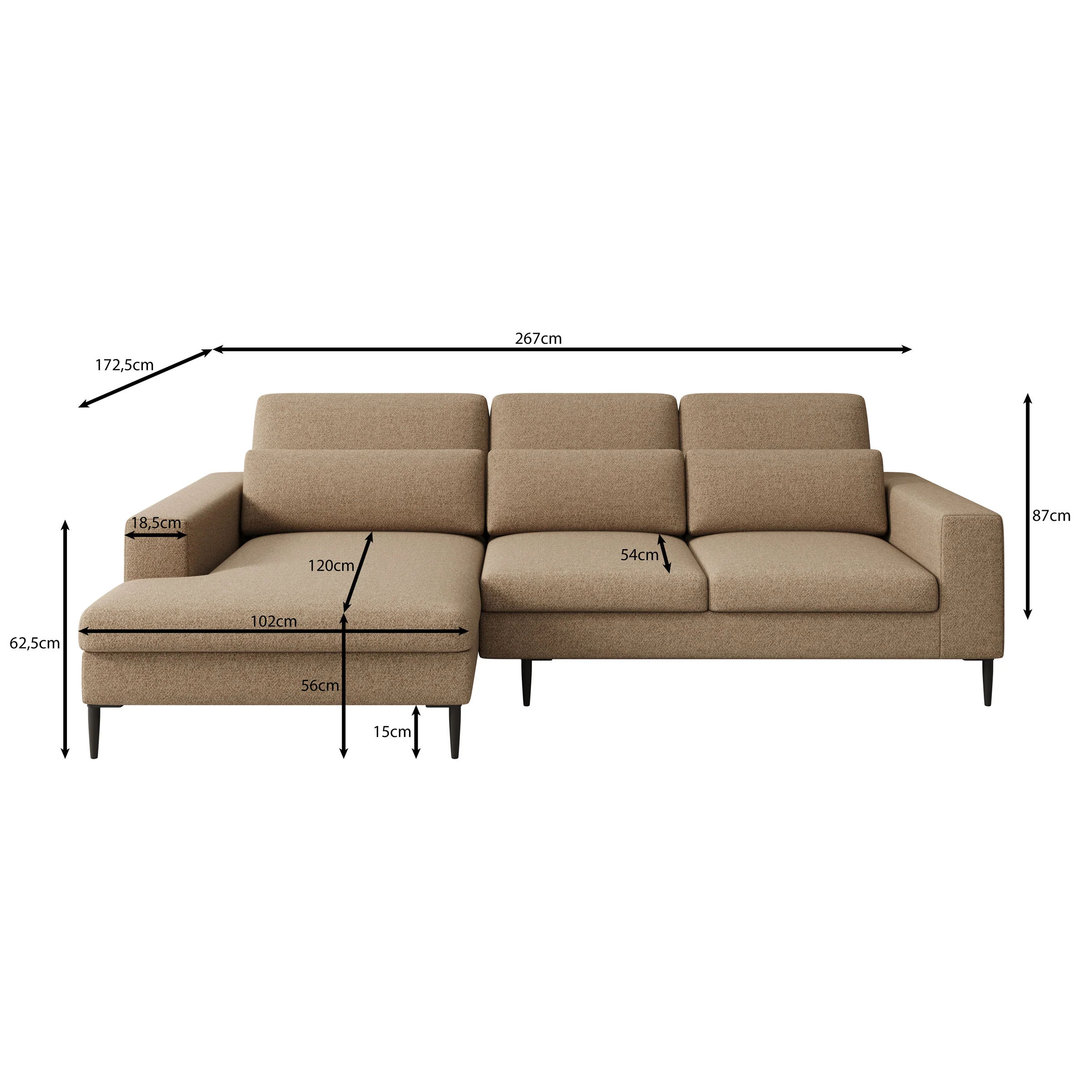 Rosano - Hoekbank 3-zits met chaise longue - Stof zwart - Links - Image 4