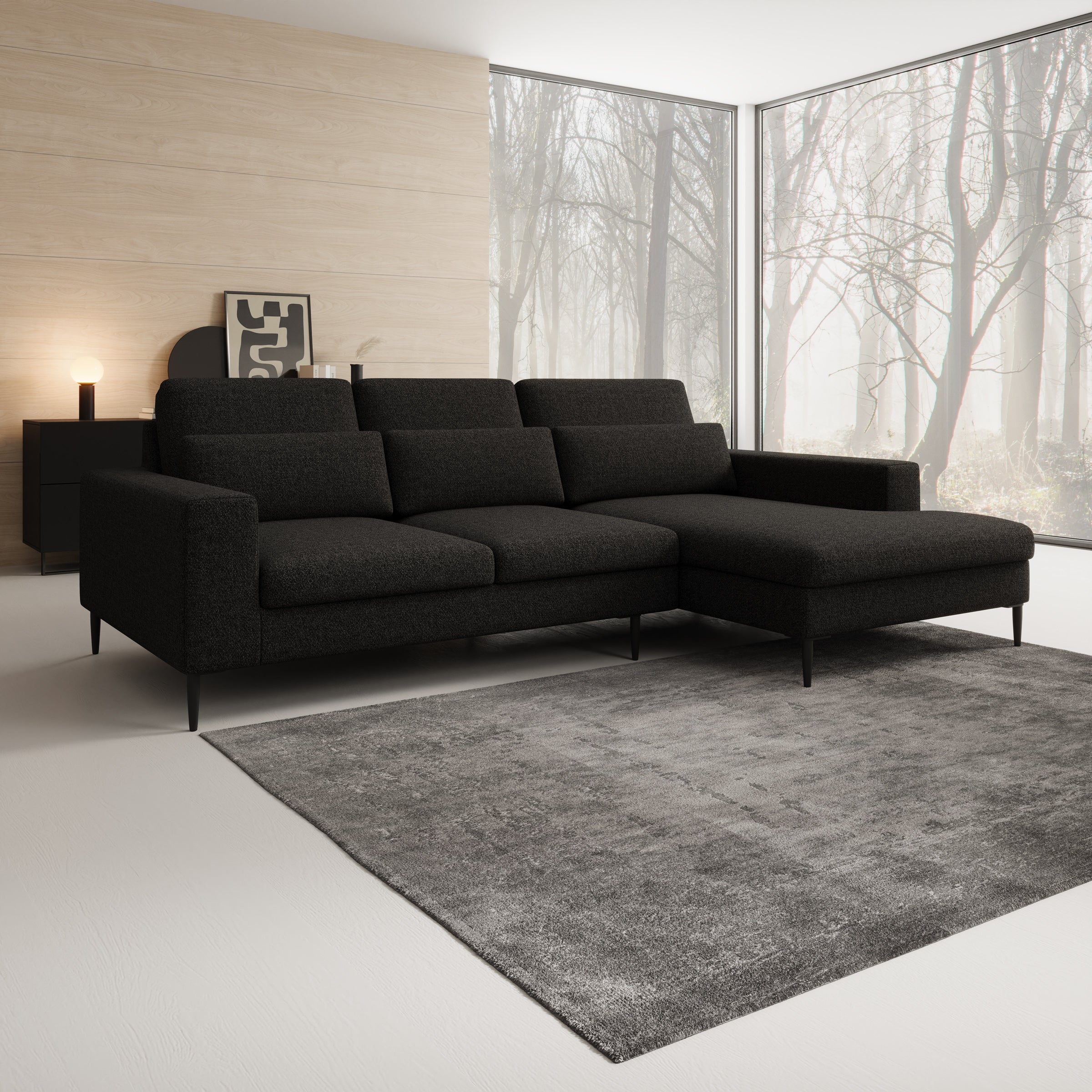 Rosano - Hoekbank 3-zits met chaise longue - Stof zwart - Rechts
