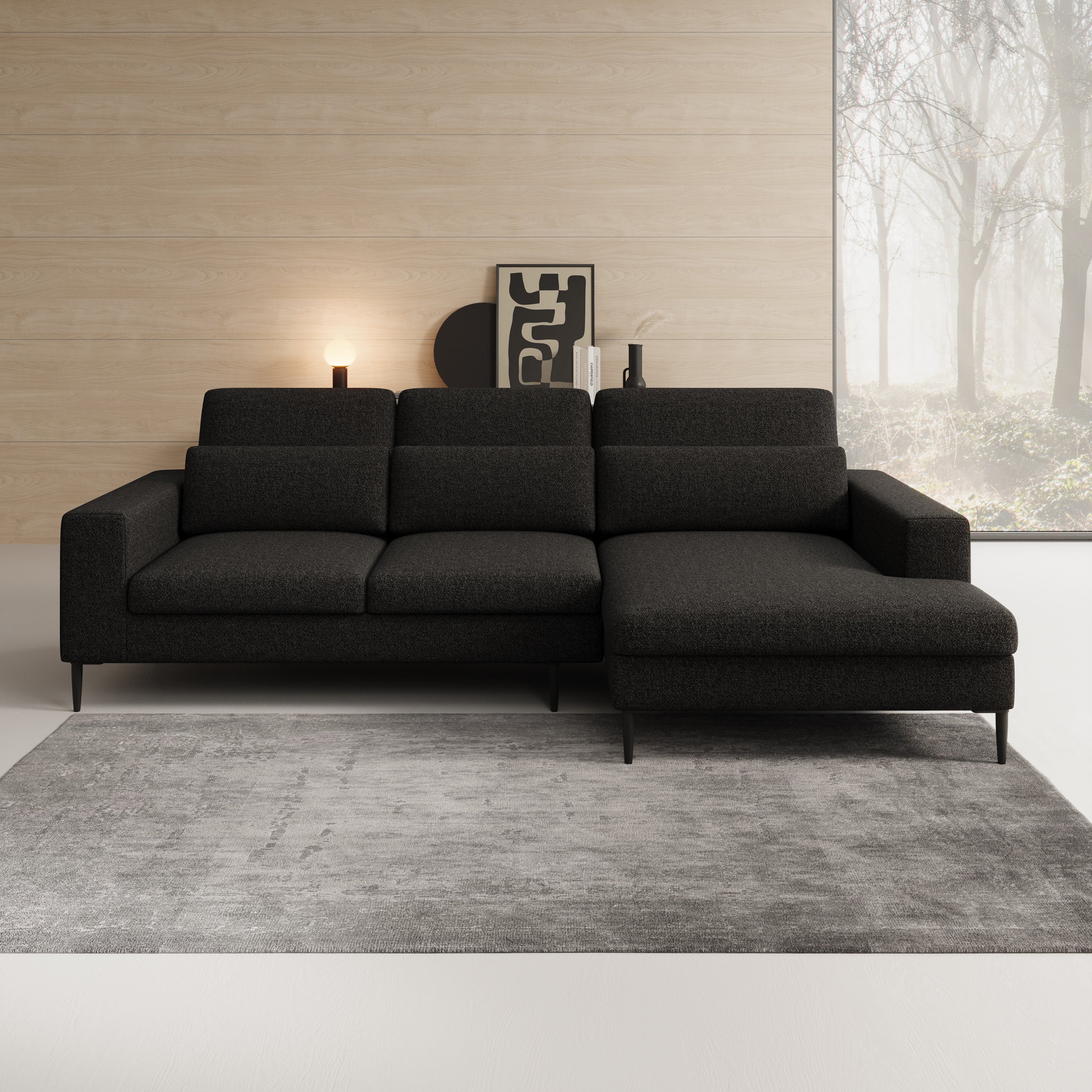 Rosano - Hoekbank 3-zits met chaise longue - Stof zwart - Rechts - Image 2
