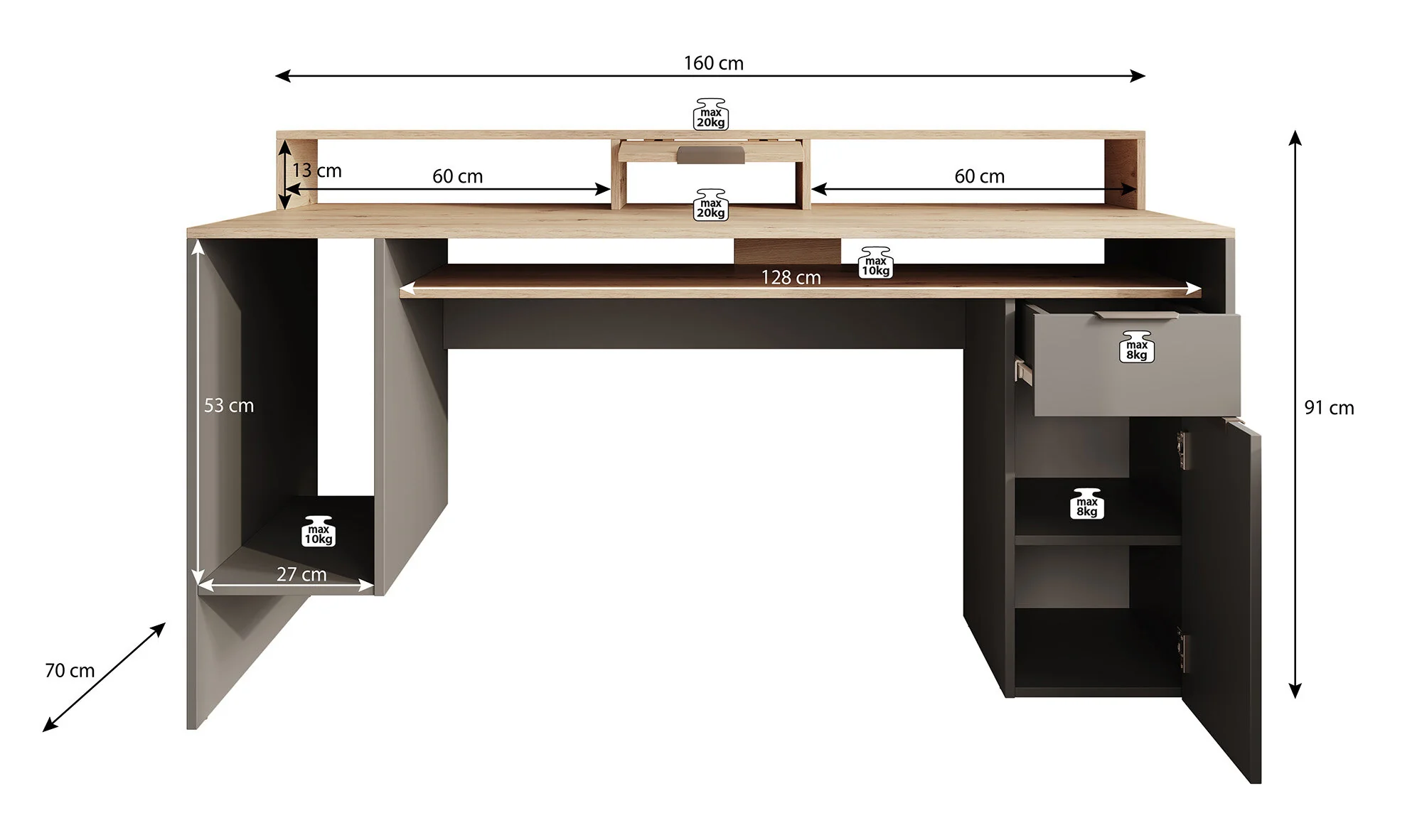 Ryan - Bureau - Grijs/eiken - 160x70 cm - Image 5