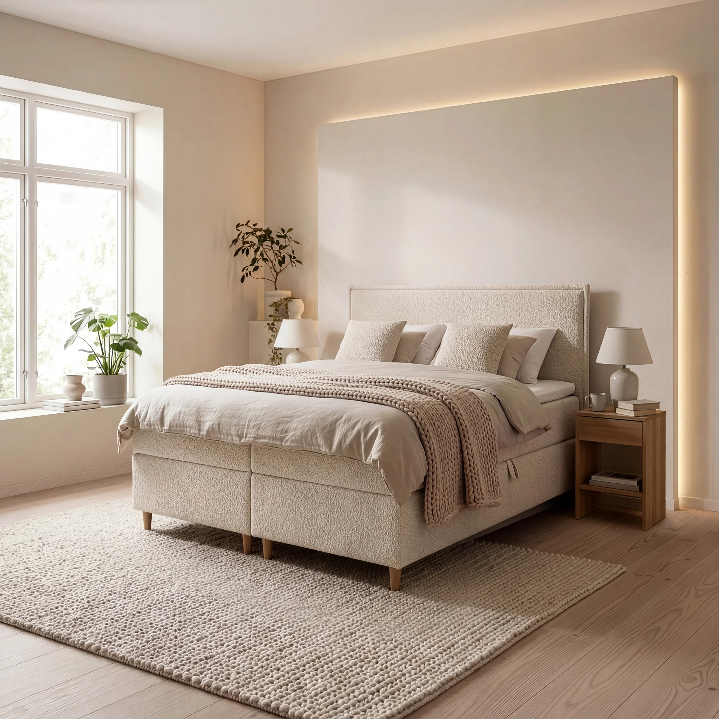 Saku - Boxspring met opbergruimte - Stof beige - 140x200 cm