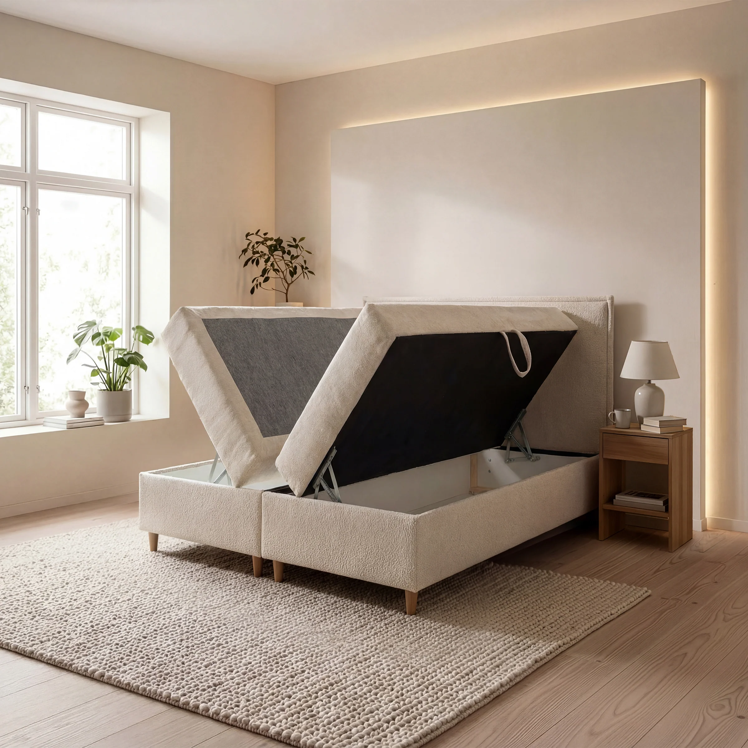 Saku - Boxspring met opbergruimte - Stof beige - 140x200 cm - Image 2