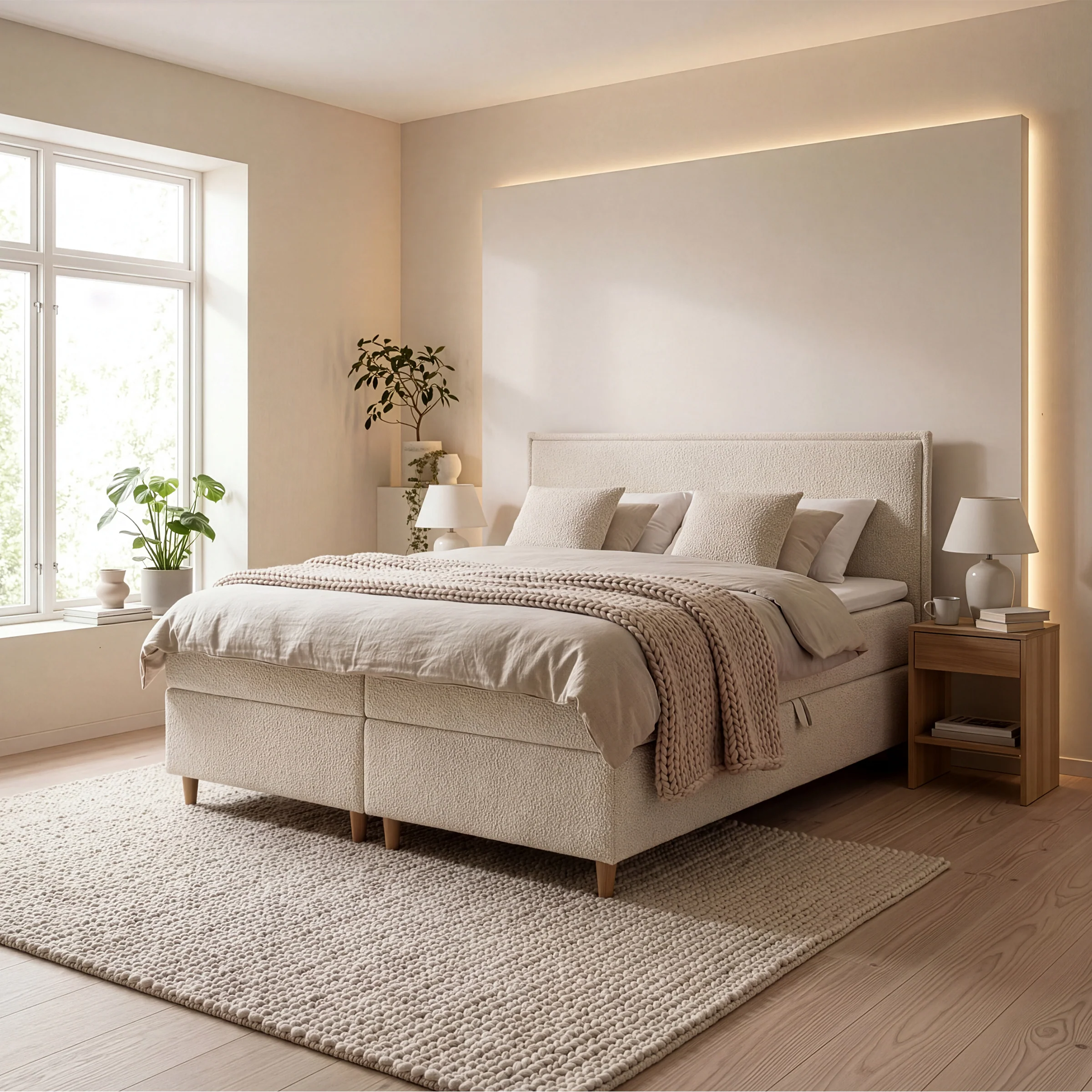 Saku - Boxspring met opbergruimte - Stof beige - 160x200 cm