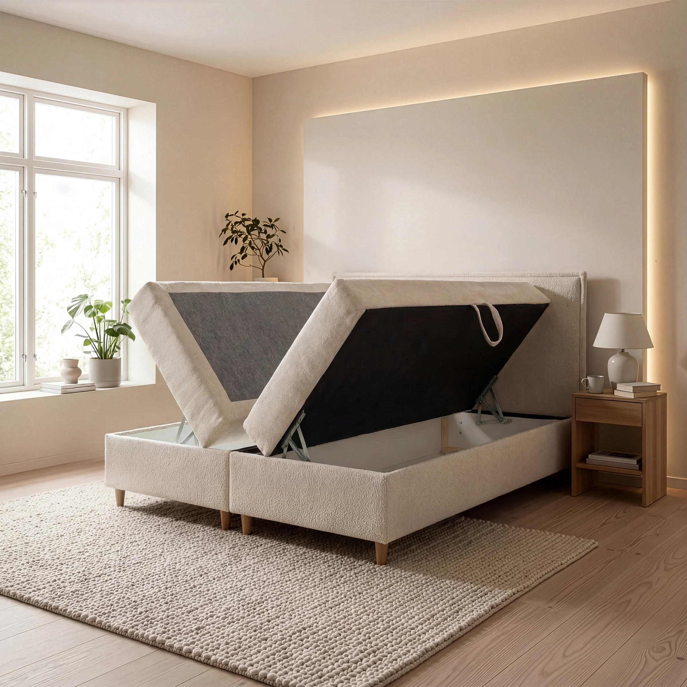 Saku - Boxspring met opbergruimte - Stof beige - 160x200 cm - Image 2