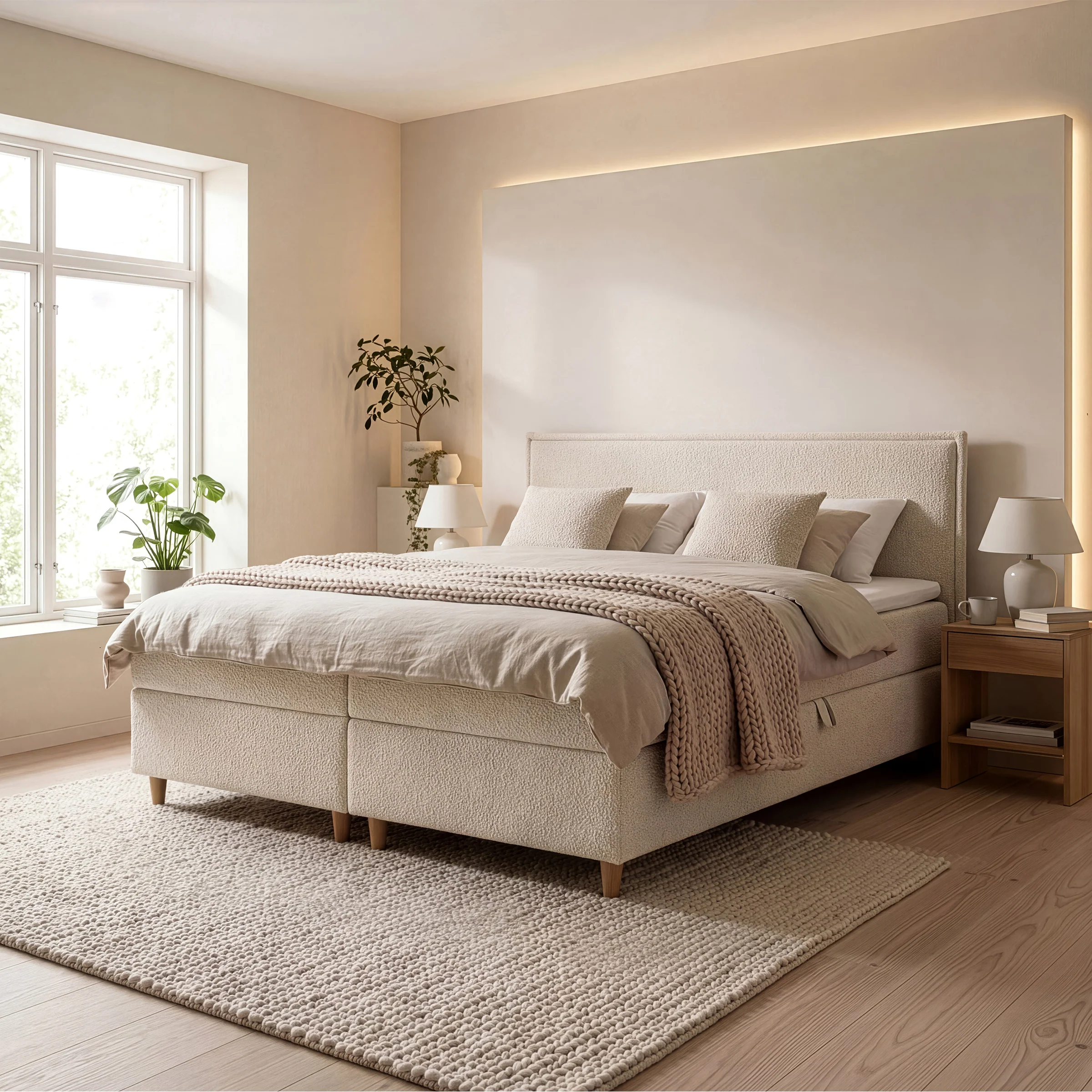 Saku - Boxspring met opbergruimte - Stof beige - 180x200 cm