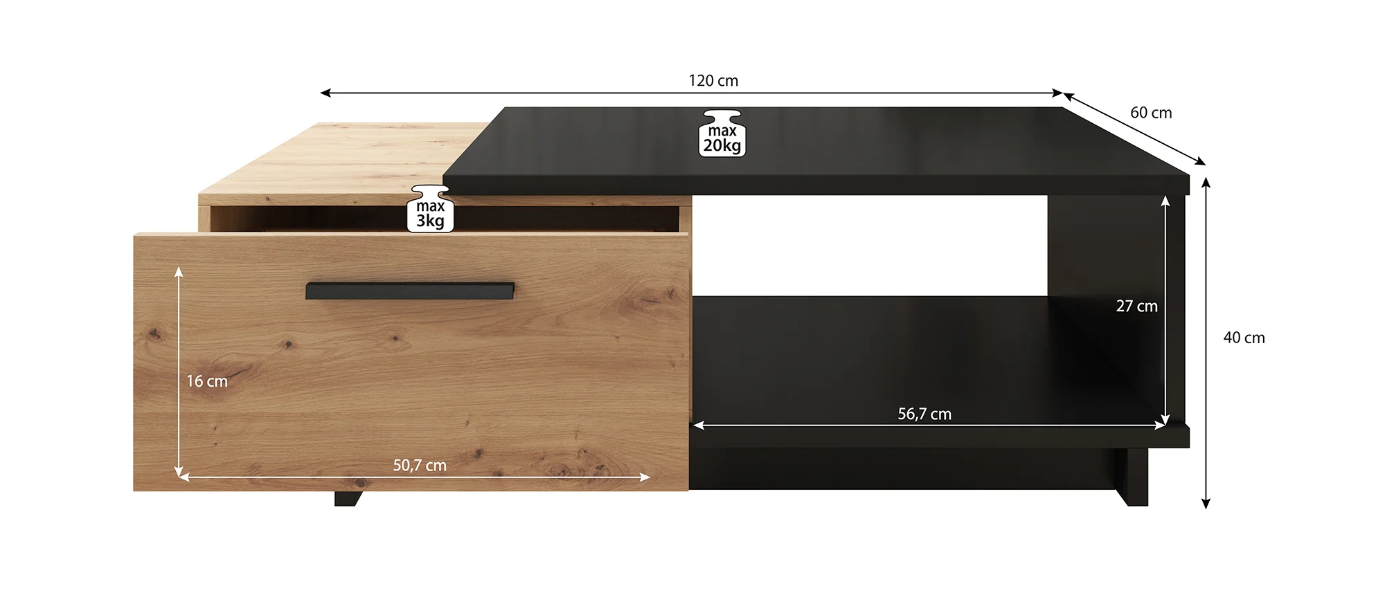Incala - Salontafel 2 lades - Eiken/zwart - 120x60x40 cm - Image 5