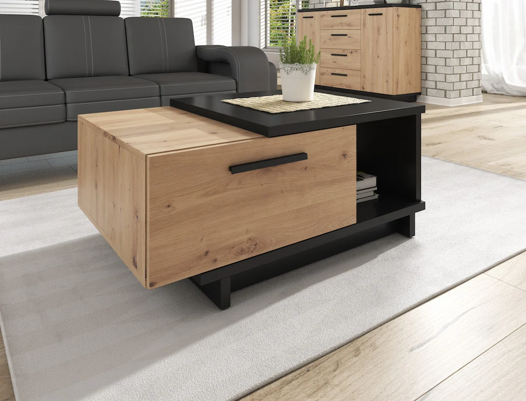 Incala - Salontafel 2 lades - Eiken/zwart - 90x60x40 cm - Image 4