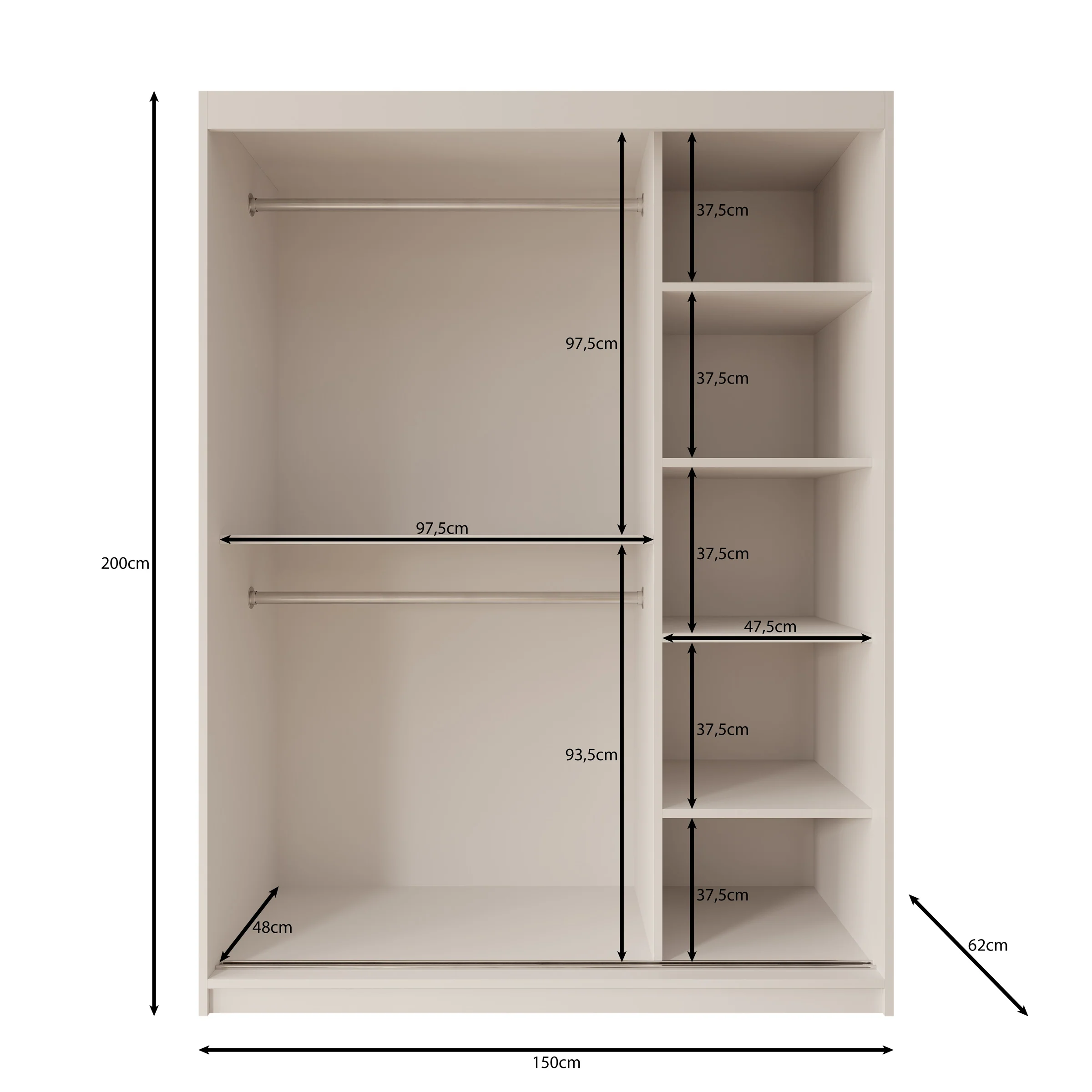 Sentoji - Kledingkast met 2 schuifdeuren - Beige - 150x62x200 cm - Image 5