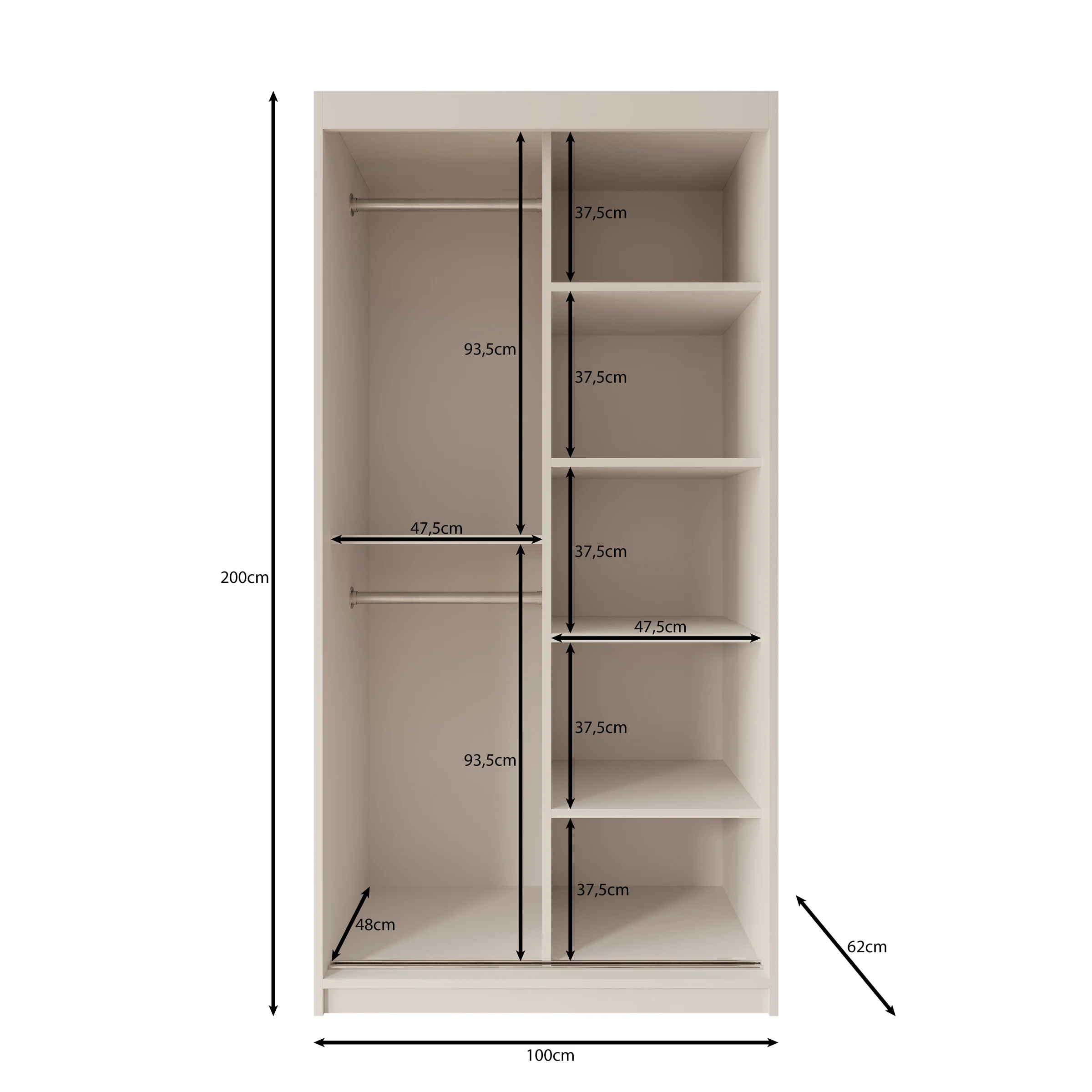 Sentoji - Kledingkast met 2 schuifdeuren - Zwart - 100x62x200 cm - Image 5