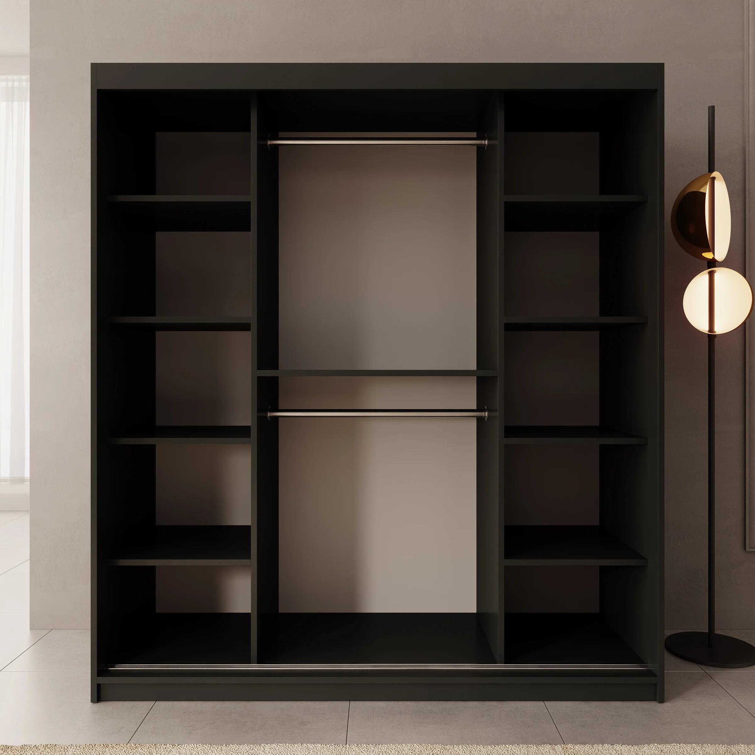 Sentoji - Kledingkast met 2 schuifdeuren - Zwart - 180x62x200 cm - Image 2