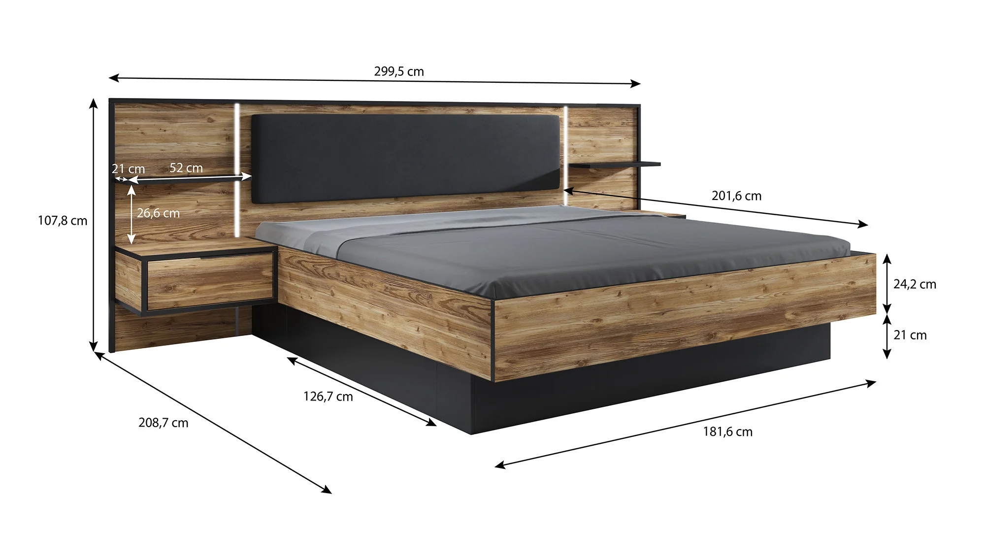 Jacob - Slaapkamer - Zwart/Eiken - 180x200 cm - Klein - Image 6