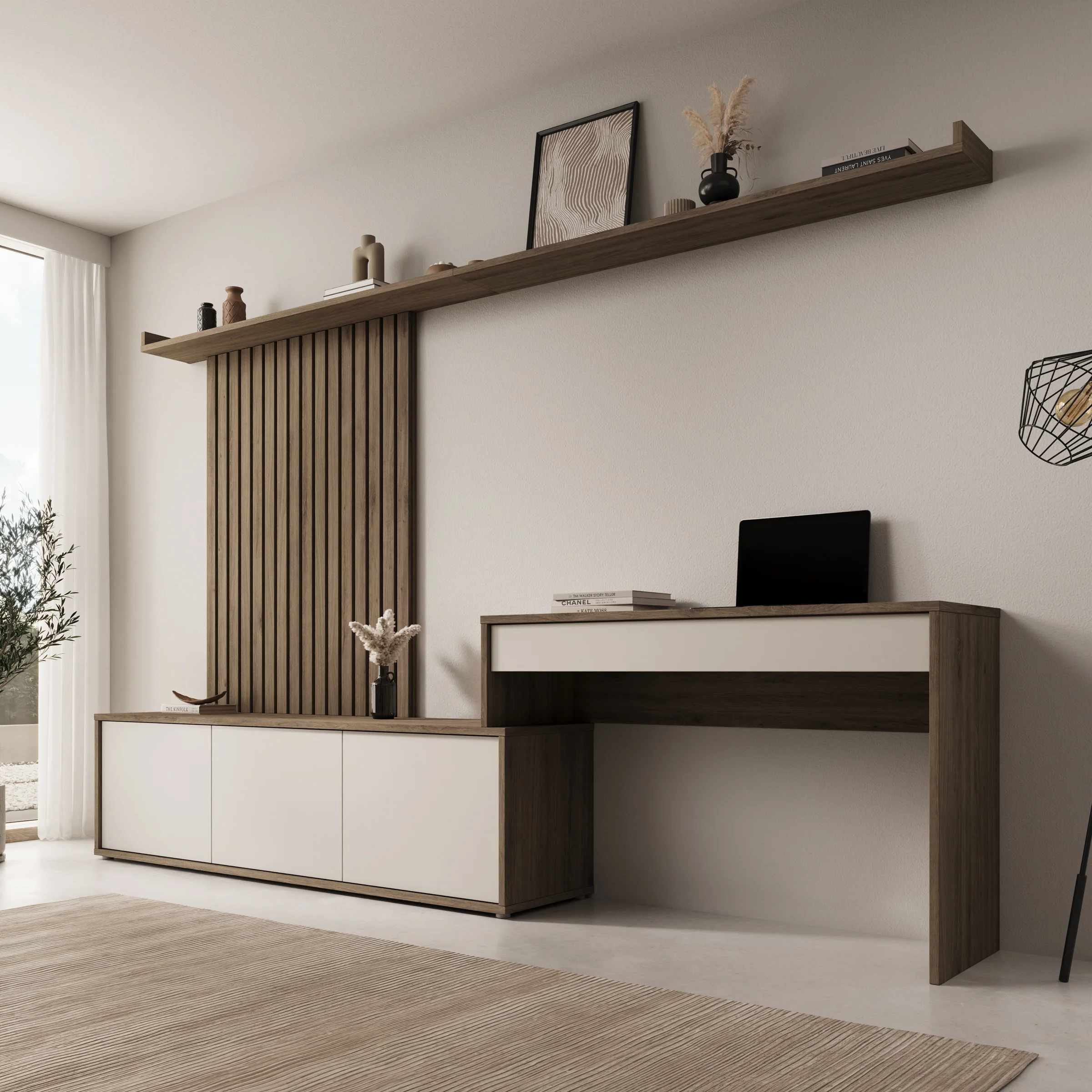 Sundra - Wandmeubel met bureau - Beige/Eiken - 300x42x190 cm