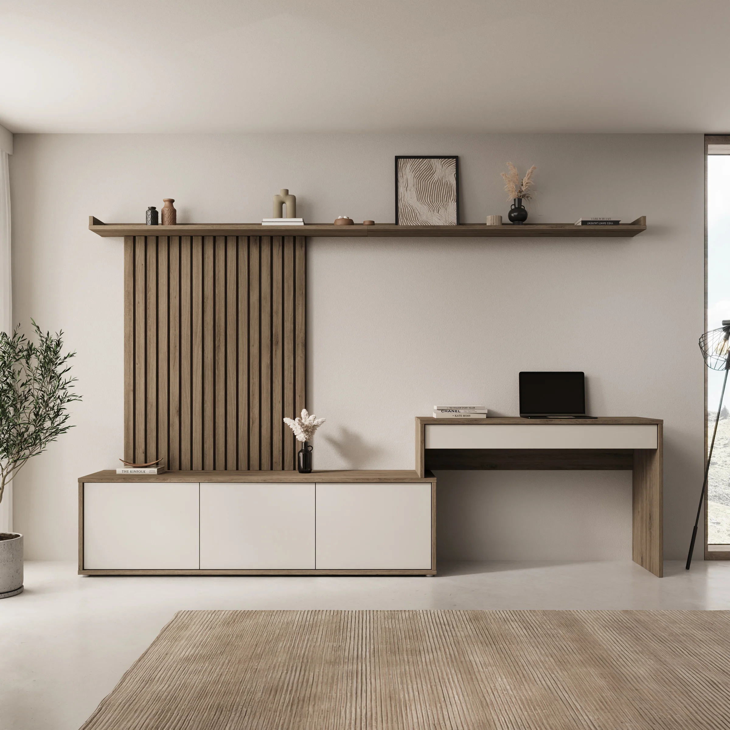Sundra - Wandmeubel met bureau - Beige/Eiken - 300x42x190 cm - Image 3