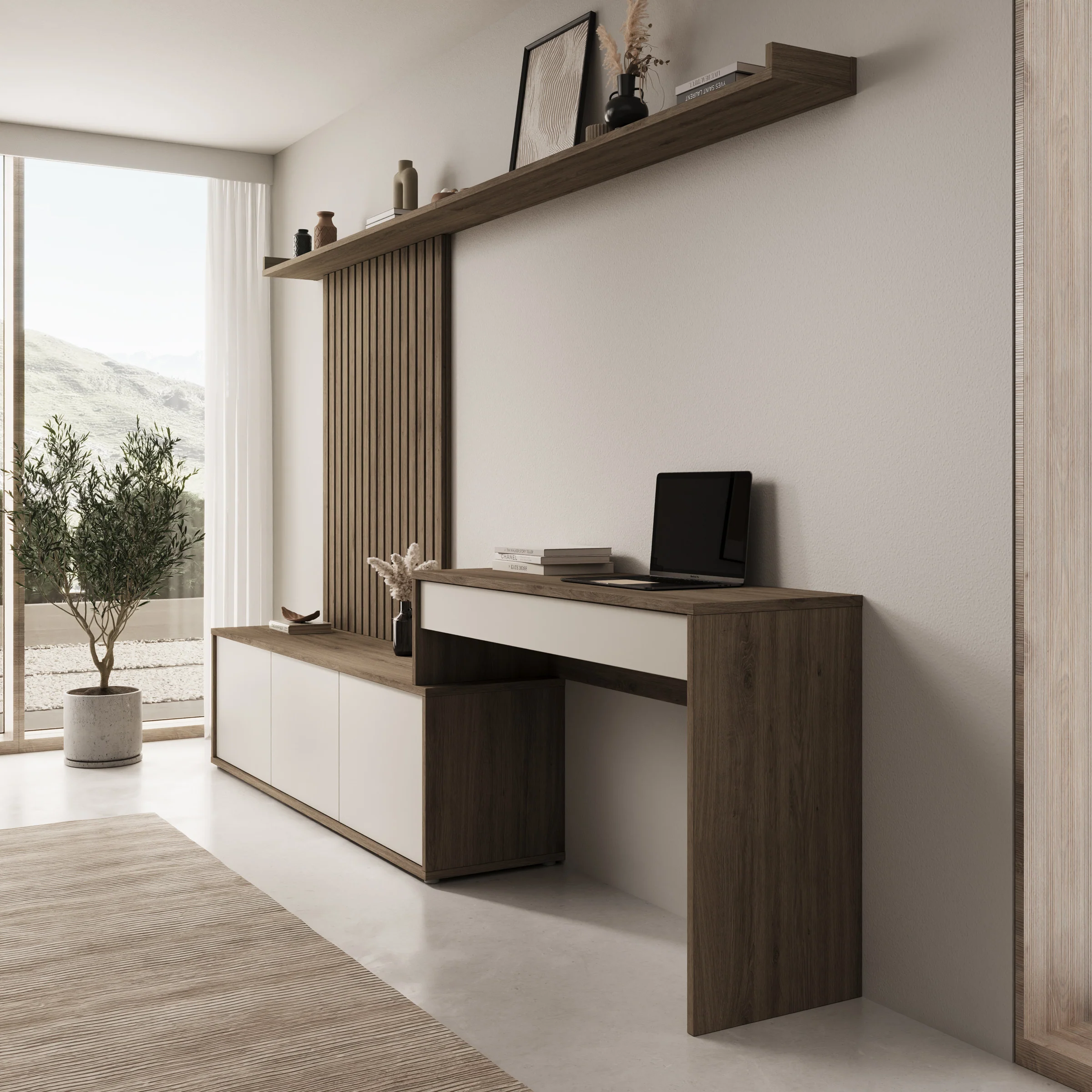 Sundra - Wandmeubel met bureau - Beige/Eiken - 300x42x190 cm - Image 4