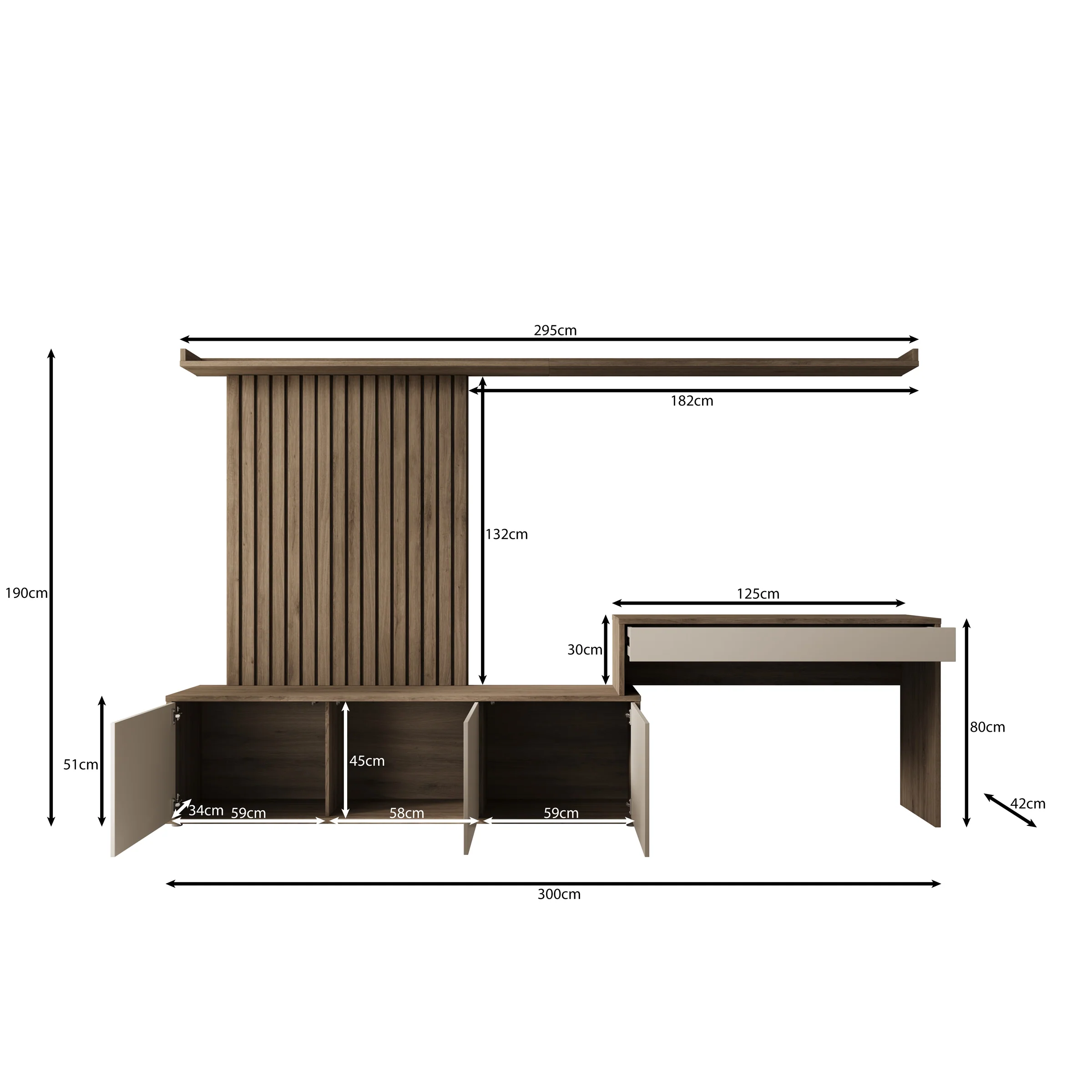 Sundra - Wandmeubel met bureau - Beige/Eiken - 300x42x190 cm - Image 6