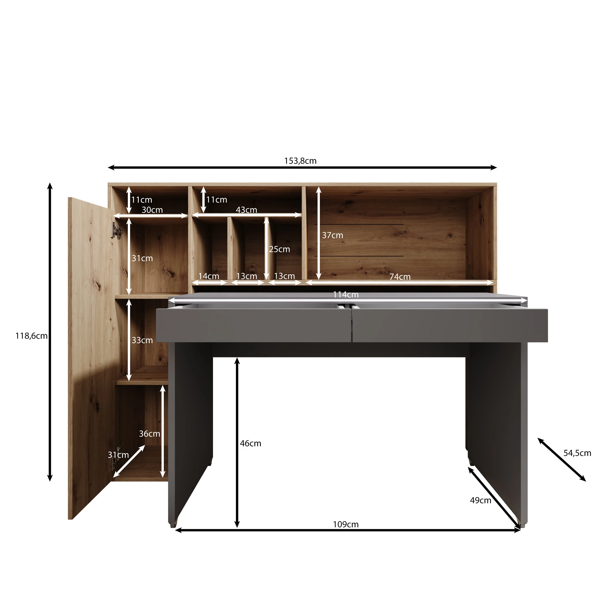 Taroa - Bureau - Eikenpatroon/Grijs - 154x55x119 cm - Image 6